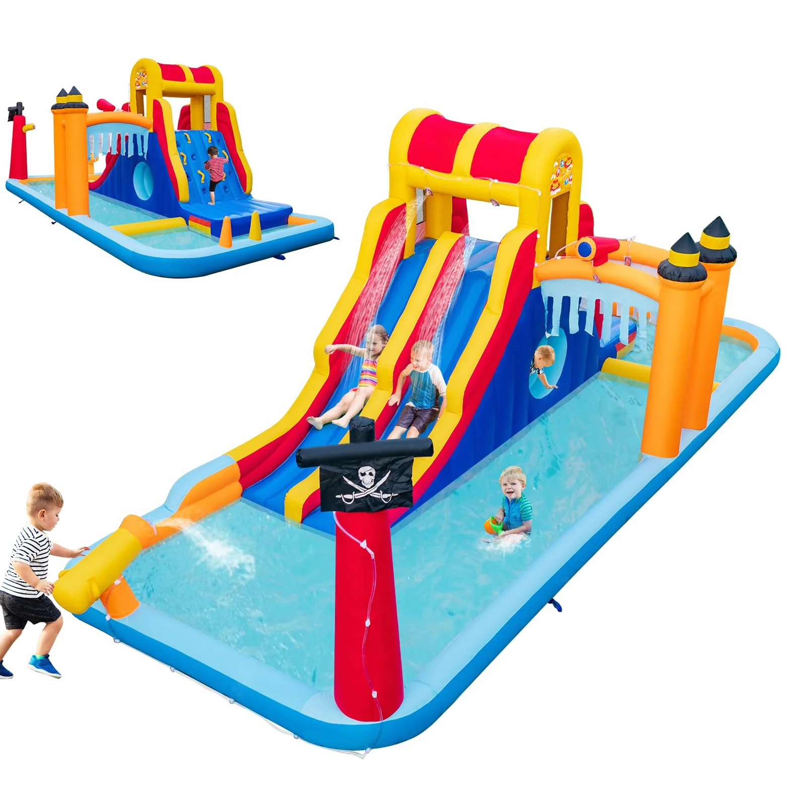COSTWAY Castillo Hinchable Acuatico, 4 en 1 Castillo Hinchable para Niños 3-10 Años con 3 Niños, 693 x 295 x 263 cm, Seco y Agua, Insuflavel Crianças Interior Exterior