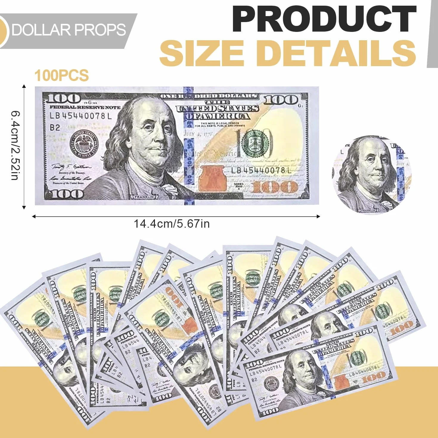 AMJKEJI 100 Piezas Billetes Falsos Tamaño Original Dólares, Copy Billetes Dolar Falsos 100$ Dinero Juguete para Caja Registradora Niño, Juego de rol, Películas, Anuncios Publicitarios