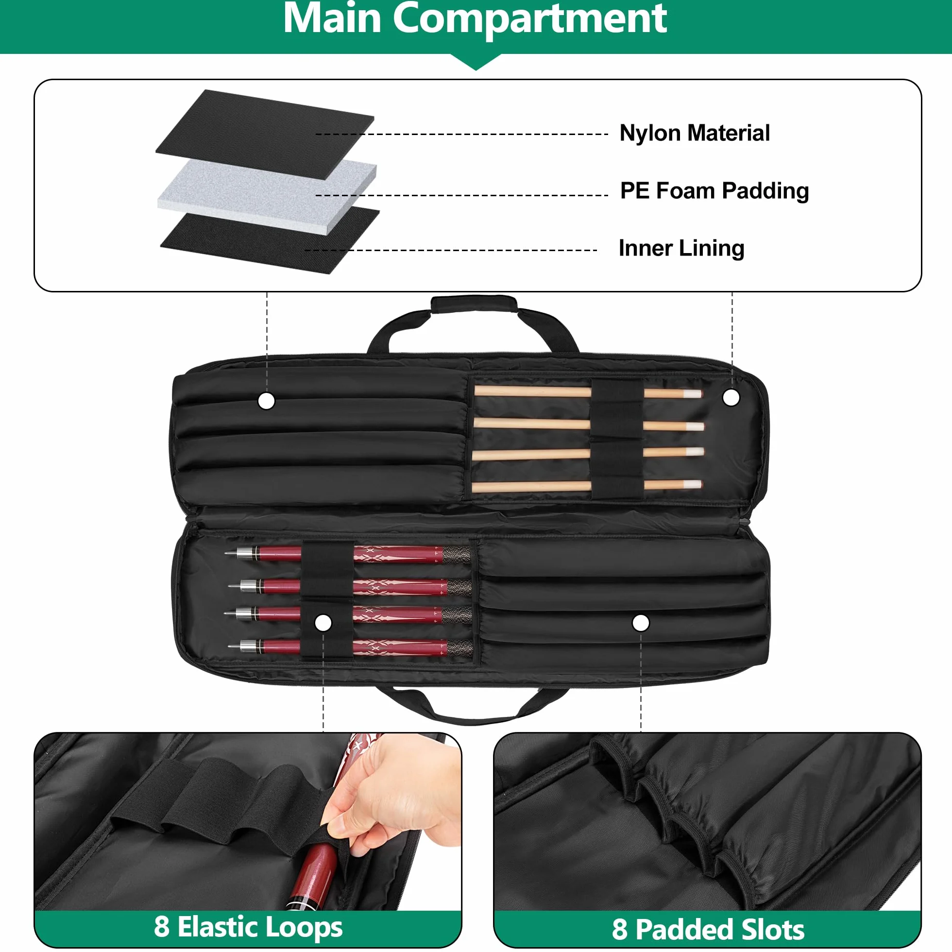 Rexmica Funda para Tacos de Billar, Bolsa de Transporte con Asa y Correa de Hombro Desmontable