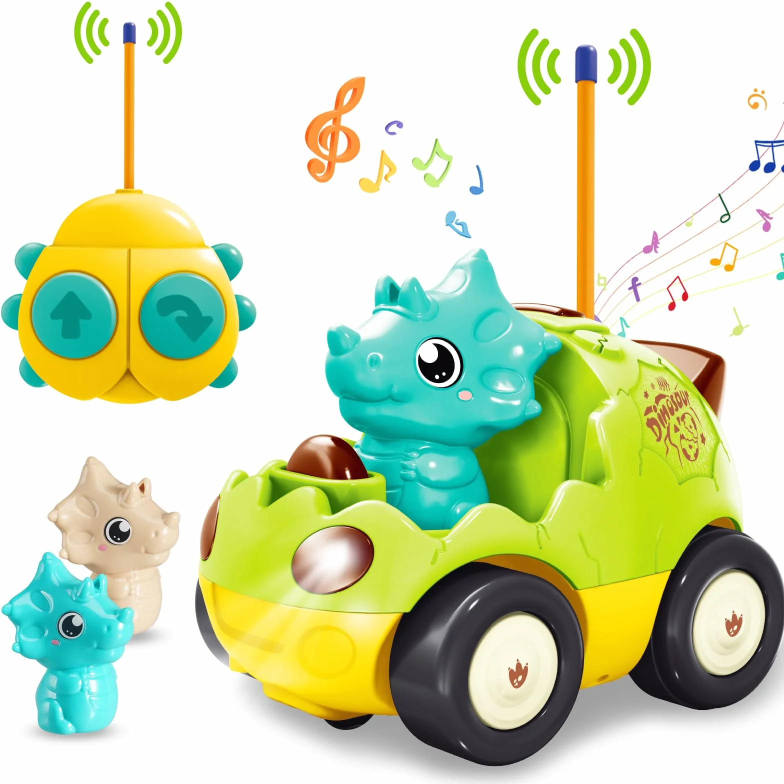 Coche de Dinosaurio RC para Niños Pequeños 18 Meses+ con Música y 2 Muñecas Intercambiables