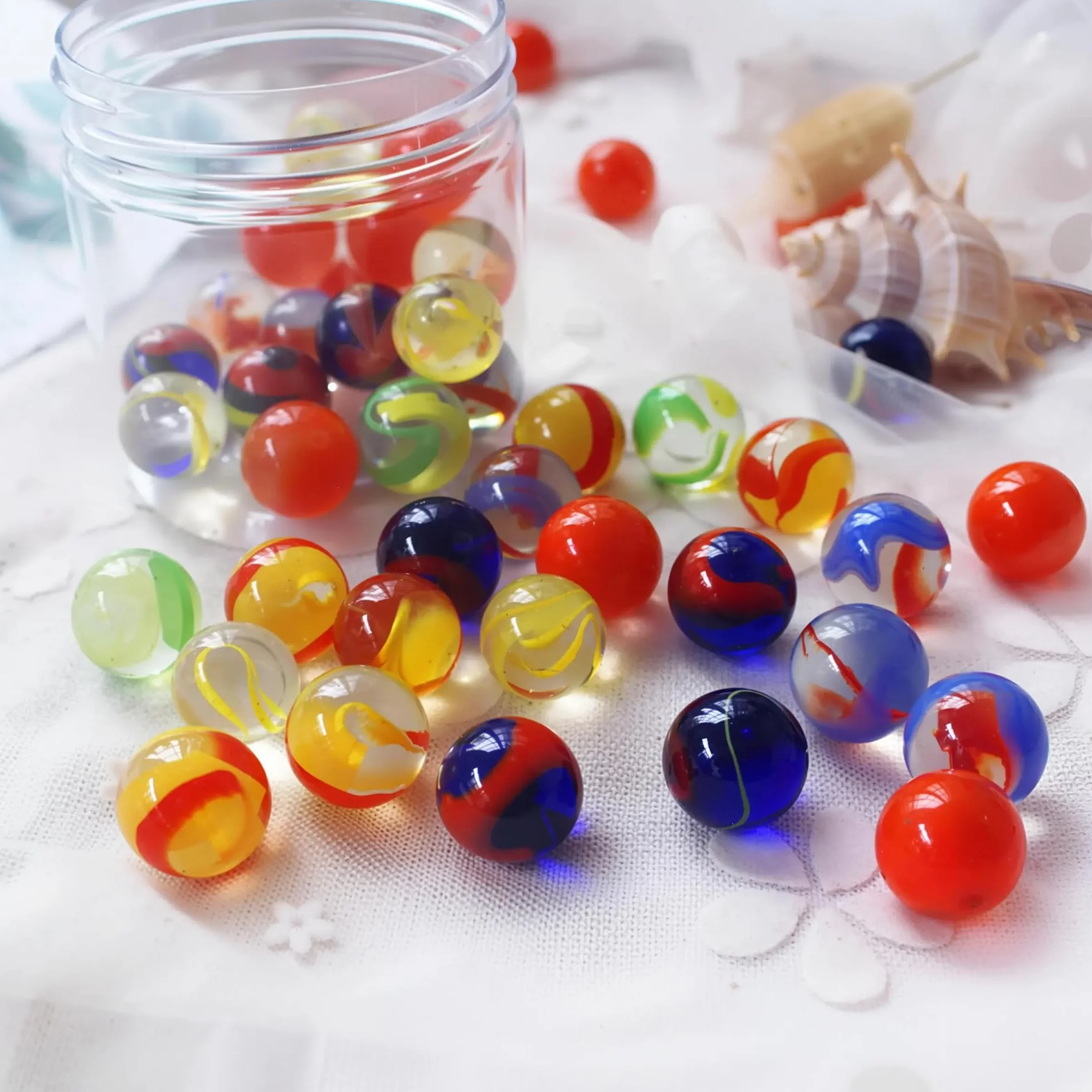 Juego de 70 bolas de cristal (16 mm x 60 - Pequeñas bolas de colores con motivos + 16 mm x 10 transparentes sin patrón), bolsa de almacenamiento para bolas de cristal, mezcla de bolas multicolores