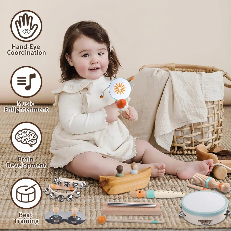 Instrumentos Musicales para Bebés - Juguetes de Madera Montessori para Niños de 1 a 3 Años, Instrumentos de Percusión, Cumpleaños (8 en 1)
