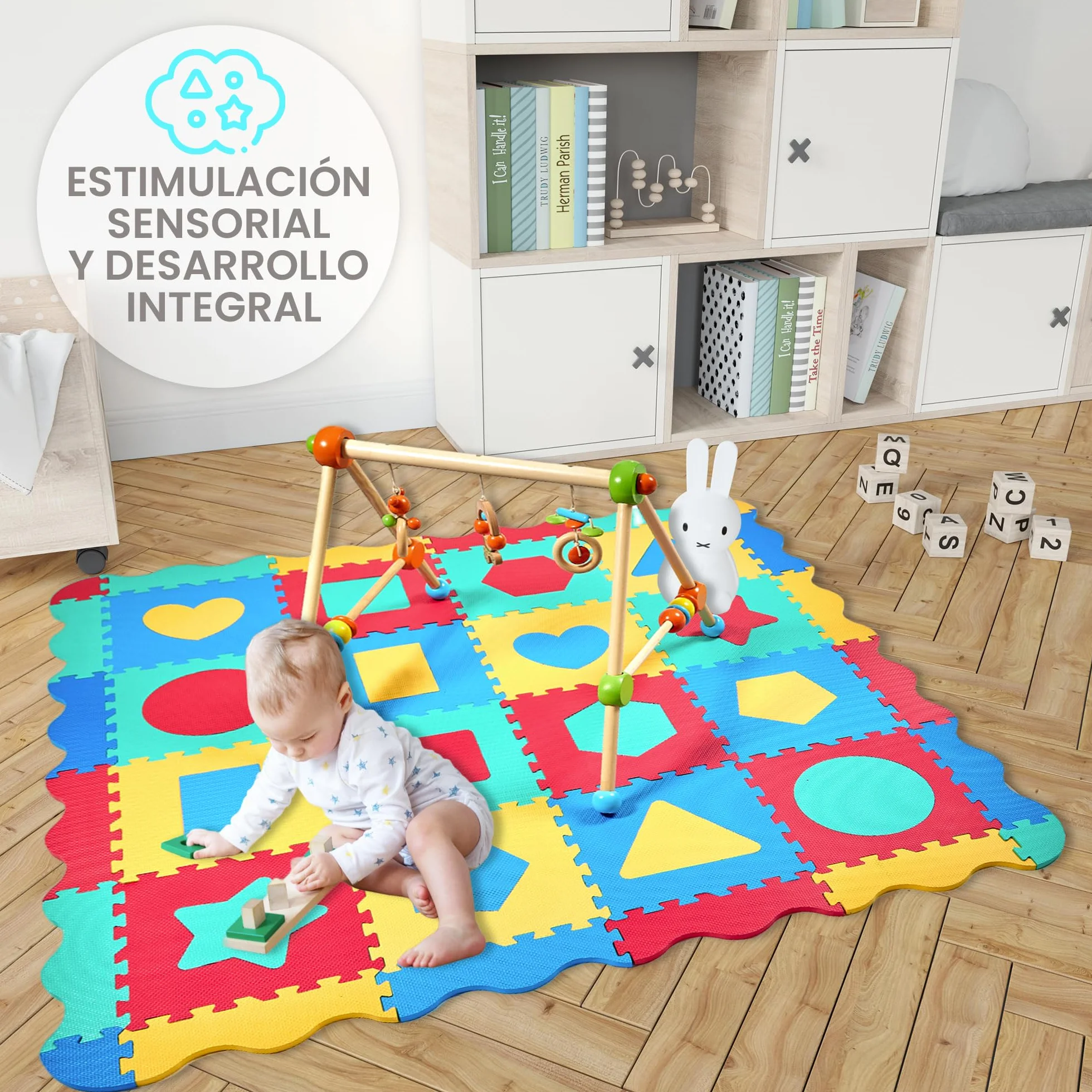 Alfombra Puzzle Bebé Goma EVA 140x140 cm con 36 Piezas Intercambiables, Bordes y Bolsa de Almacenaje