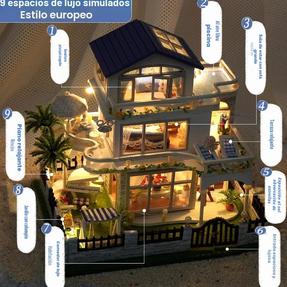 Casa de muñecas de Madera en Miniatura Estilo Europeo, Villa, Kit de casa de muñecas DIY, Edificio en 3D, Modelo de Creatividad, Regalos para Amigos y Padres