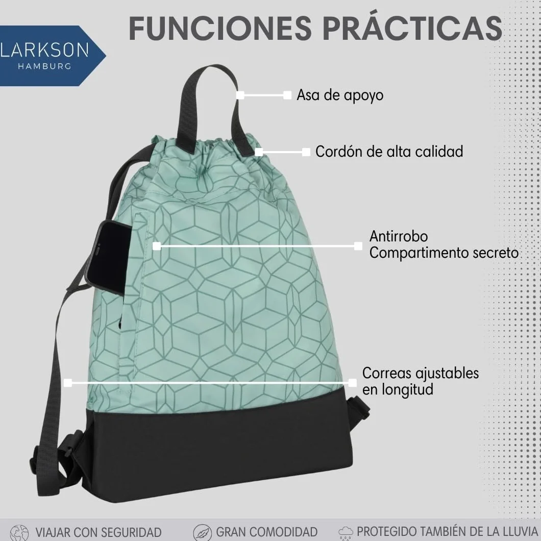 LARKSON Bolso de Deporte para Hombre y Mujer Verde Menta - Mochila pequeña de tela para el Gimnasio - Material reciclado