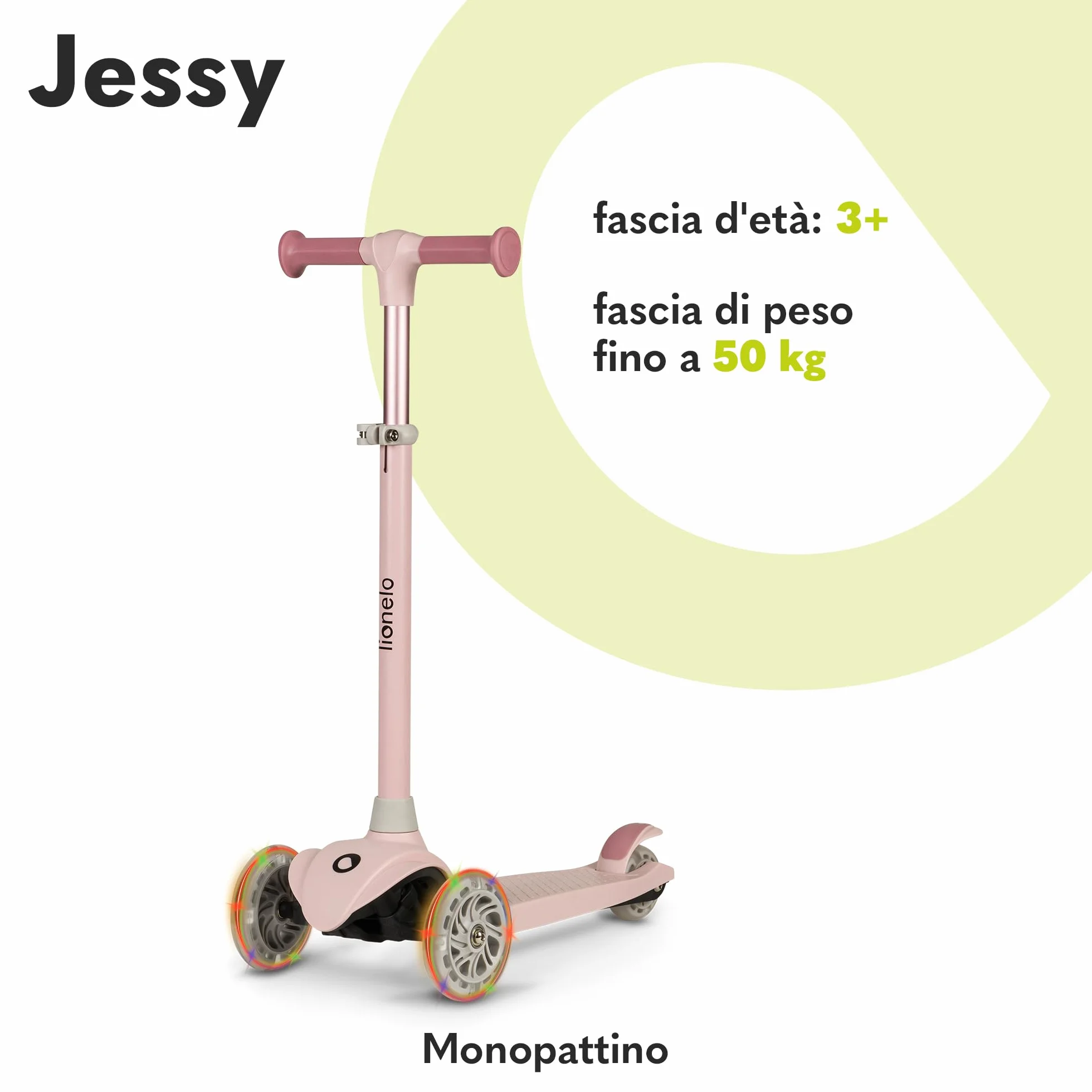 LIONELO Jessy Scooter de Equilibrio para niños de 3 años hasta 50 kg, Scooter de 3 Ruedas Ligero con Ajuste de Altura, Ruedas LED, Plataforma Antideslizante