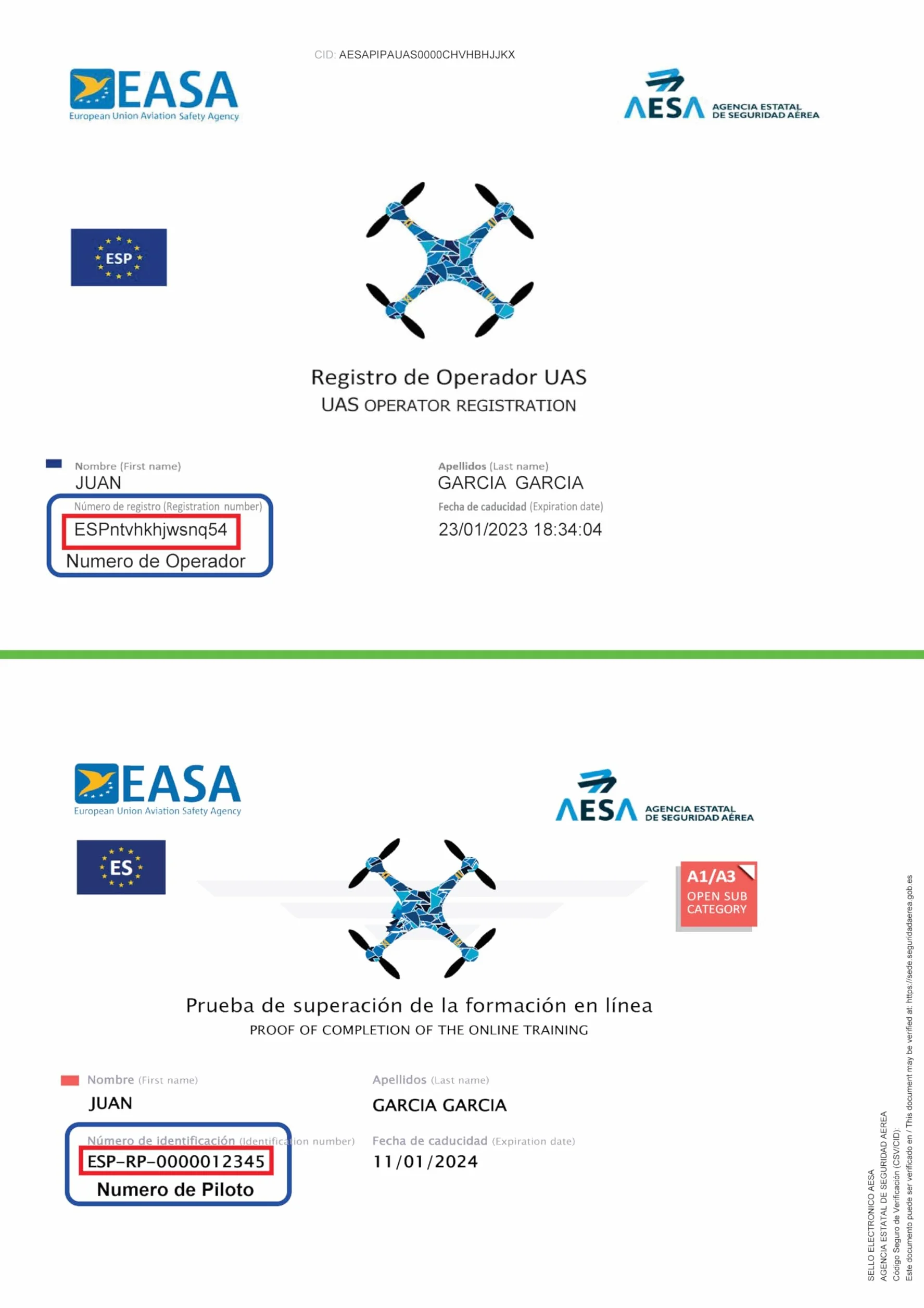 Tarjeta de PVC EASA Impresión Doble Cara Certificado de Piloto de Drones A1/A3 A2 STS
