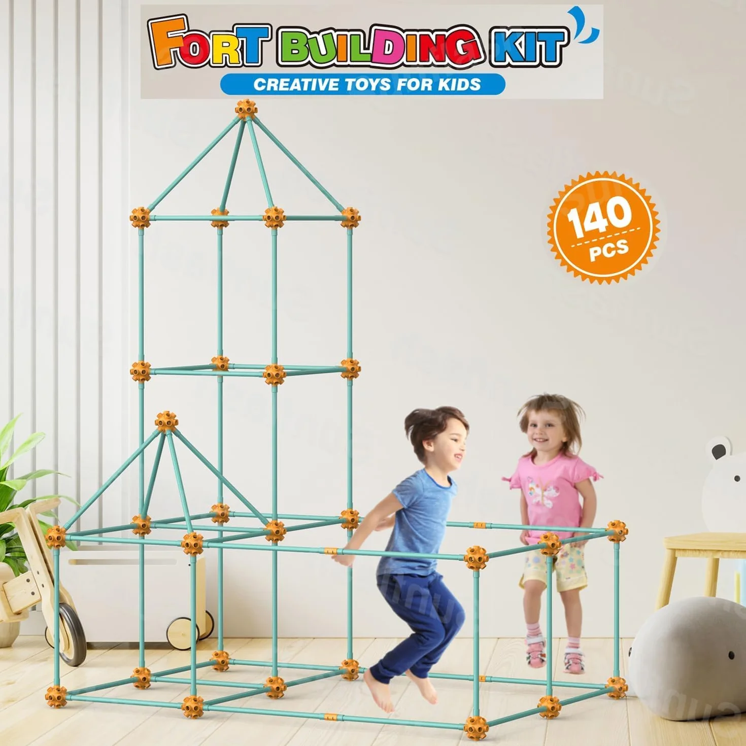 Kit de Construcción Fuertes, DIY Puzzle Casa Juguete, 140Pcs Juguetes Educativos, Bricolaje Construcción, Castillos Túneles, Jugar Tienda de Campaña, Casa Regalo para 3+ Años(Excluyendo paño Suave)