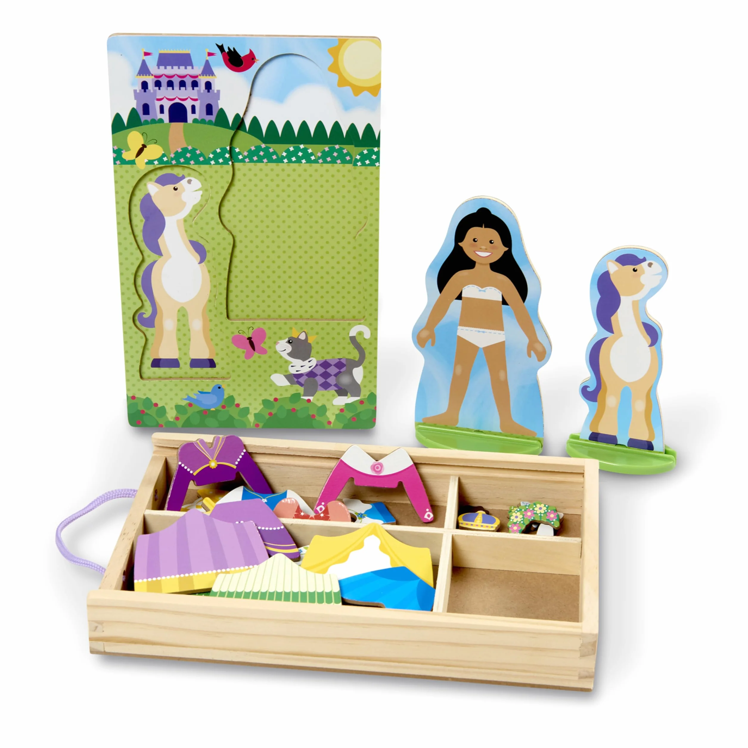 Melissa & Doug - Juego de imitación, de muñecos de madera para vestir con piezas magnéticas - Princesa y caballo (35 piezas)