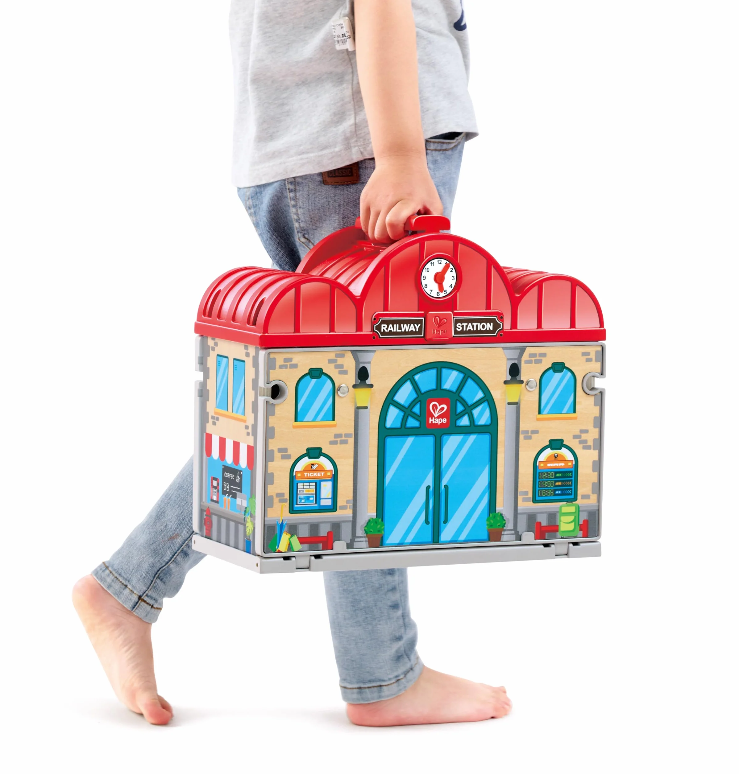 Estación de Tren de Madera portátil de Hape | Juego de Tren para niños | Vías, estación y Personajes | Fácil de Transportar