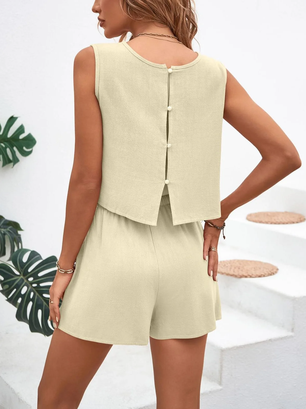 Chándales para Mujer Conjunto Deportivo de Verano sin Mangas Lino Chaleco Pantalones Cortos Cintura Alta