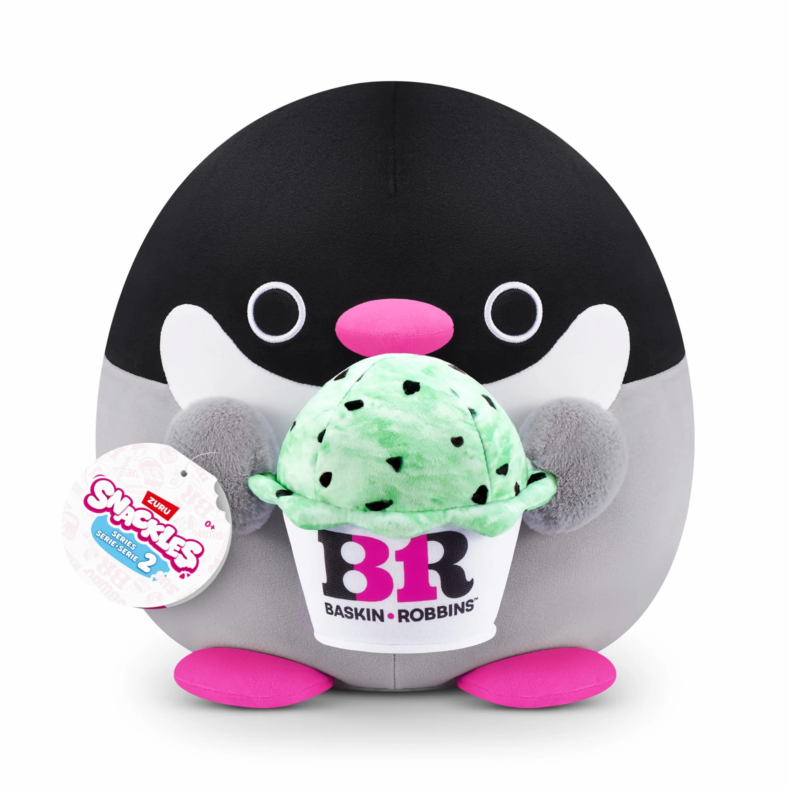Snackles Serie 2 de 20 cm Snackle de ZURU muñeco blandito y achuchable de Peluche 20 cm con Accesorio de Snack de Marca, Penguin (Baskin Robbin), Regalos Dia de La Madre