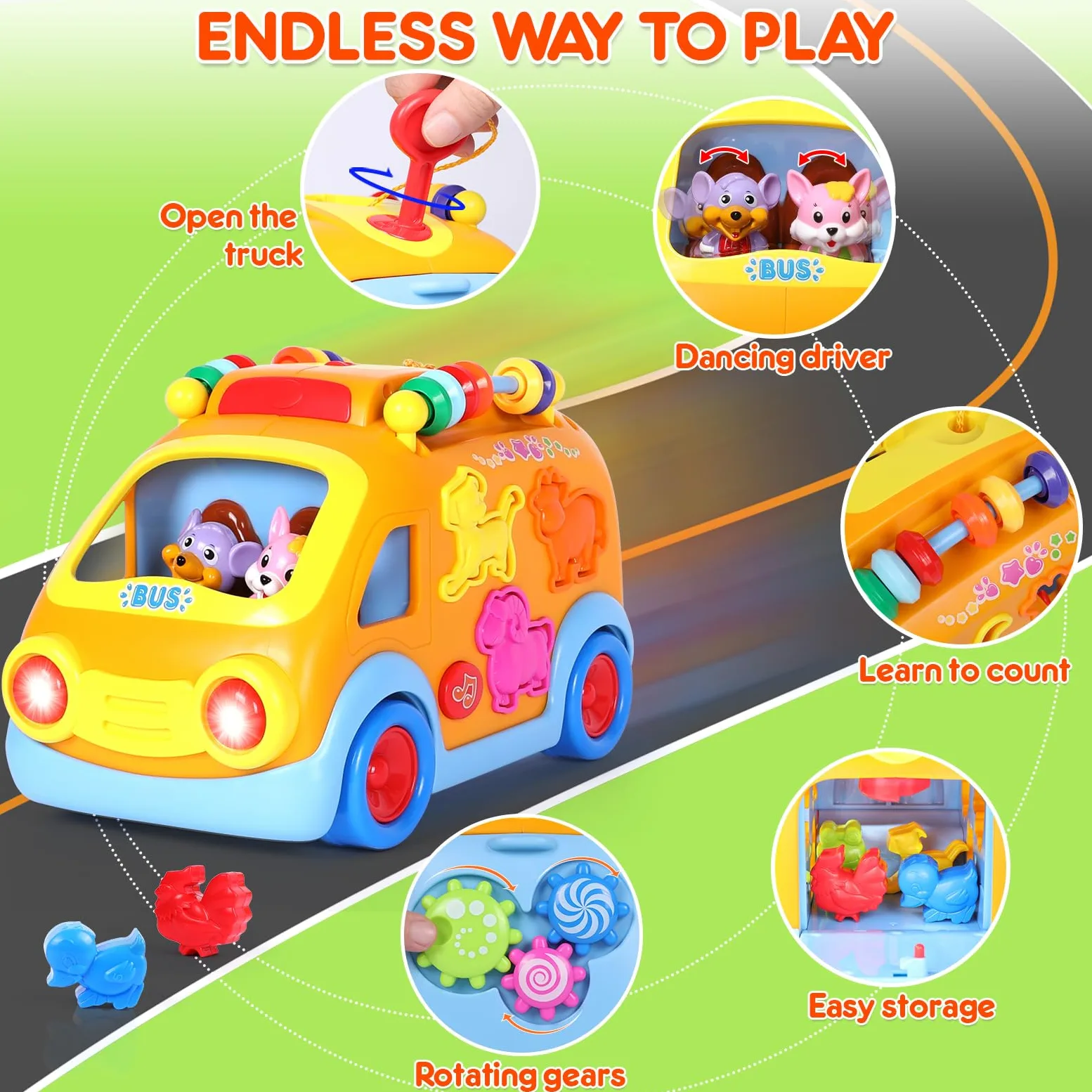 Coches de juguete para niños de 1 año, juguetes para bebés de 12 a 18 meses, juguetes de aprendizaje musical para niños pequeños de 1 a 3 años, autobús educativo con bloques de animales, regalo de