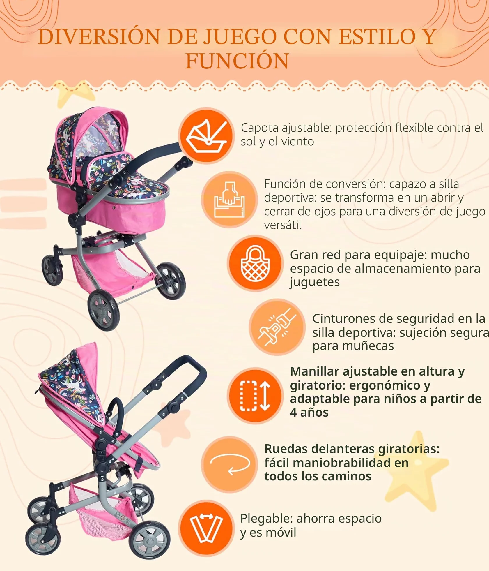 Bayer Chic 2000 Cochecito de muñecas Mika 2 en 1 para niños de 4 a 8 años Estrellas moradas