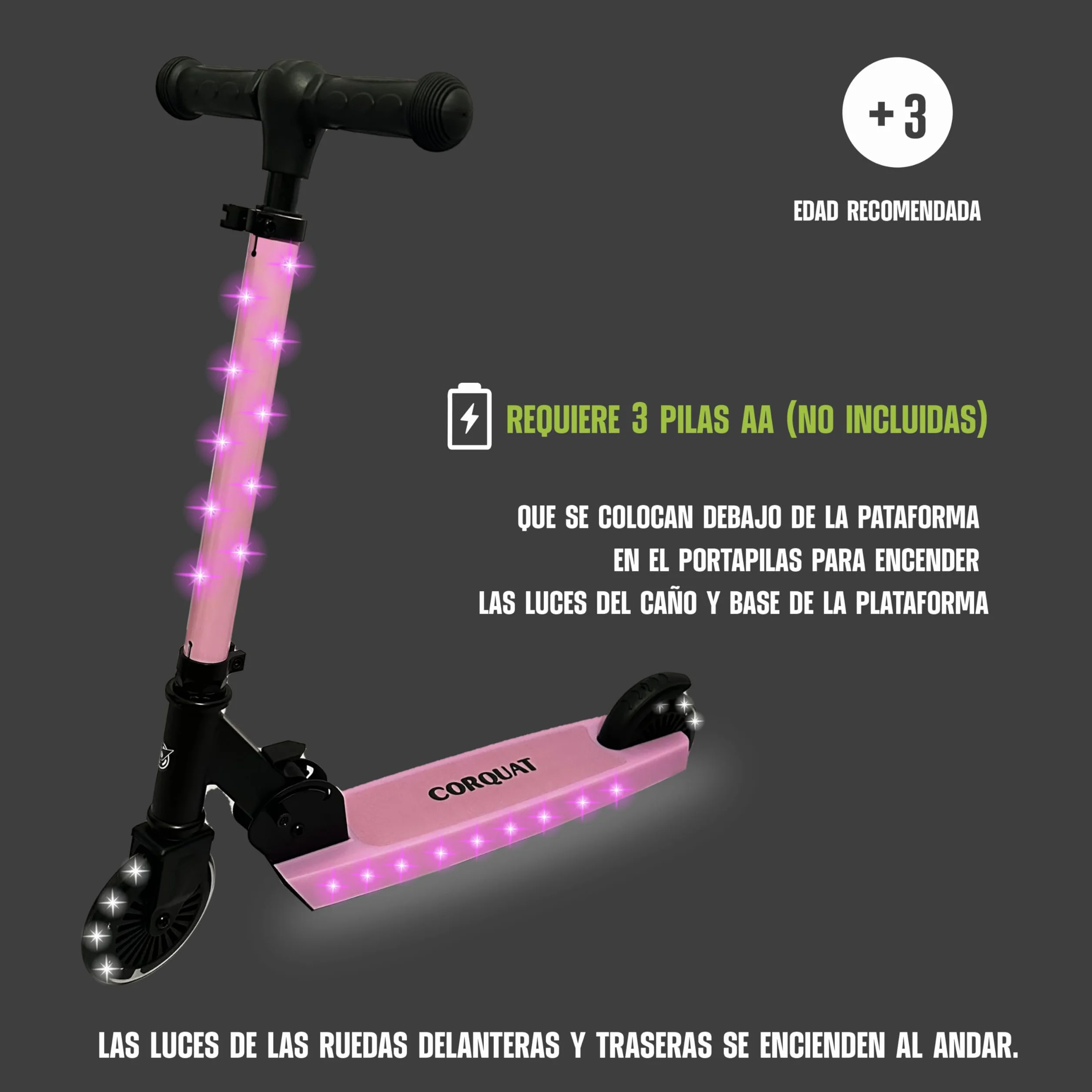 Patinete con Luces led, Patinete Plegable, Altura Ajustable para niños de 3 a 10 años, Scooter Capacidad de Peso hasta 60kg.