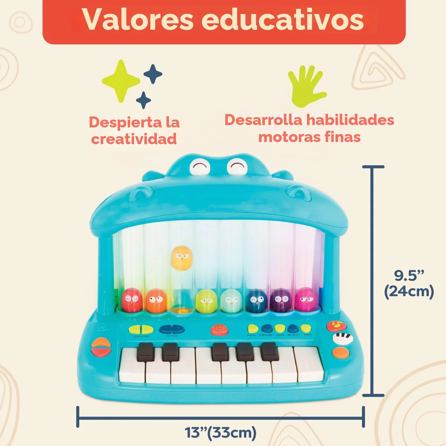 B. toys - Hipopótamo Pop - Teclado de Juguete - Tocar el Piano - Canciones, Sonidos y Luces - Instrumento Musical para niños - 12 Meses +