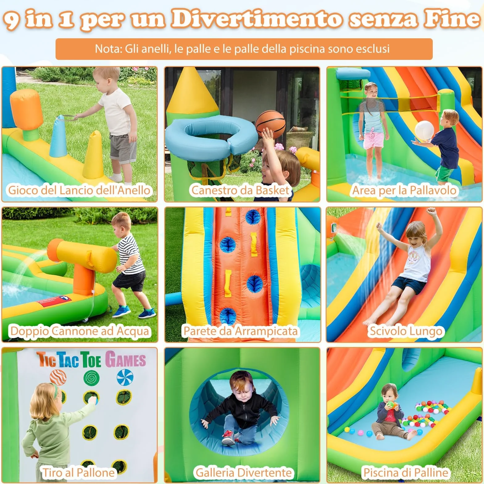 RELAX4LIFE Castillo Hinchable para Niños, Piscina Hinchable con Trampolín, Tobogán con Trepadera y Paso Inferior, Plegable para Exterior (Modelo 12)