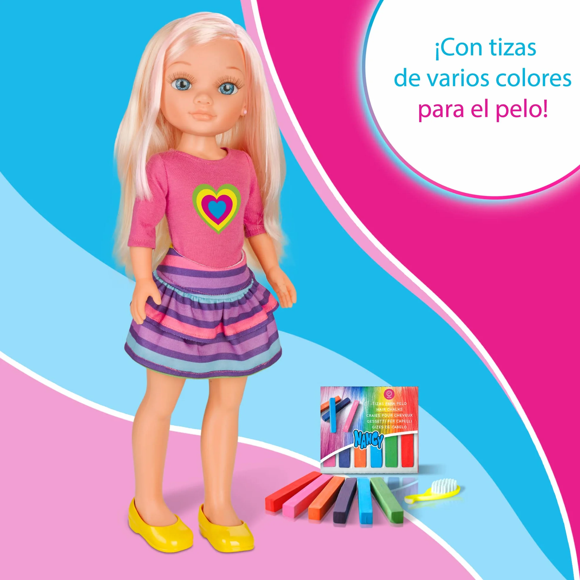 Nancy - Un día Haciendo mechas, Muñeca Rubia con Pelo Largo para Hacer Mechas y Peinados Creativos con Tizas de Colores, Accesorios Incluidos, Regalo para Niños y Niñas + 3 años, Famosa (700013865)
