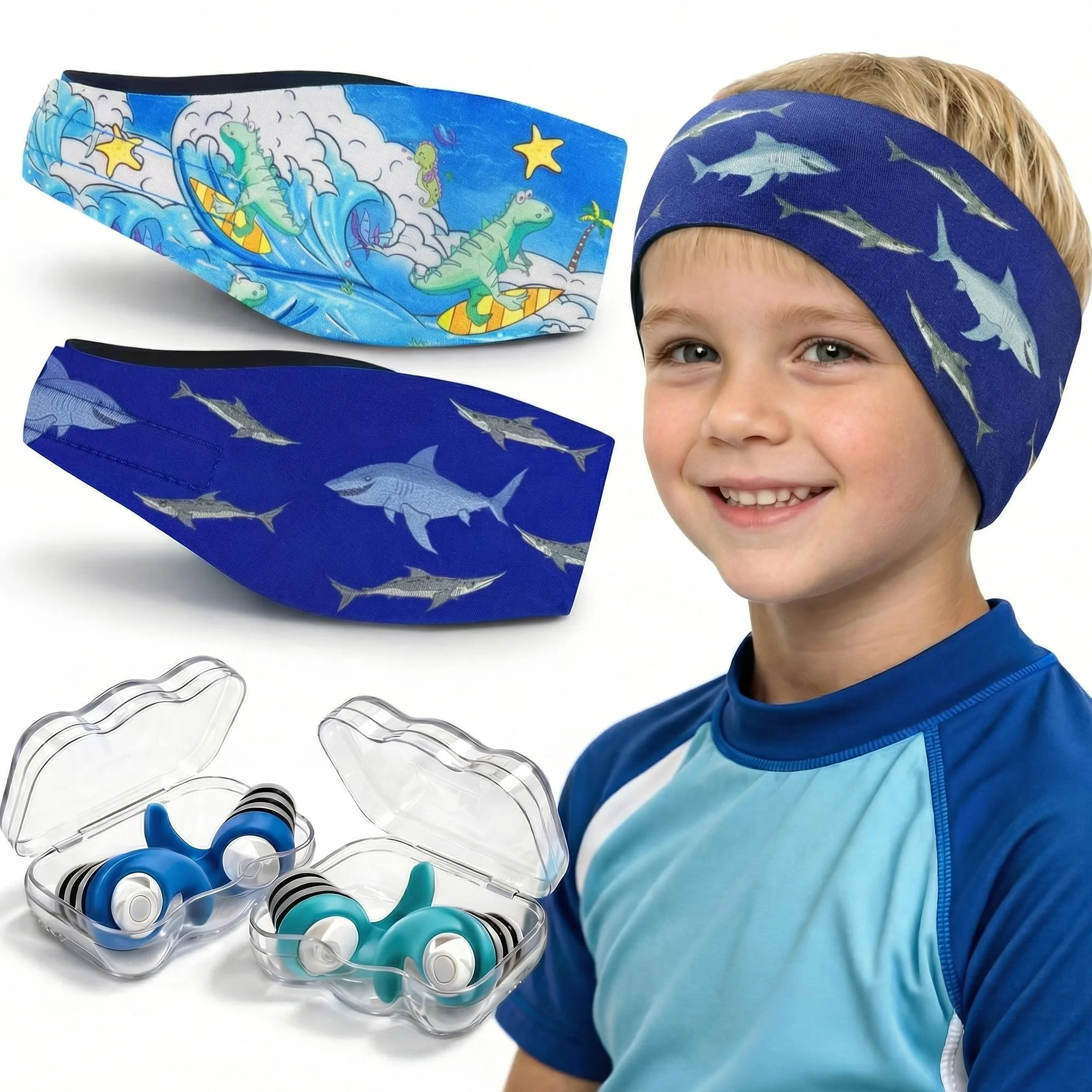Diadema de Natación Impermeable, 2 Pares Tapones Oídos con Banda Neopreno Ajustable Antideslizante para Nadar Surf Bucear