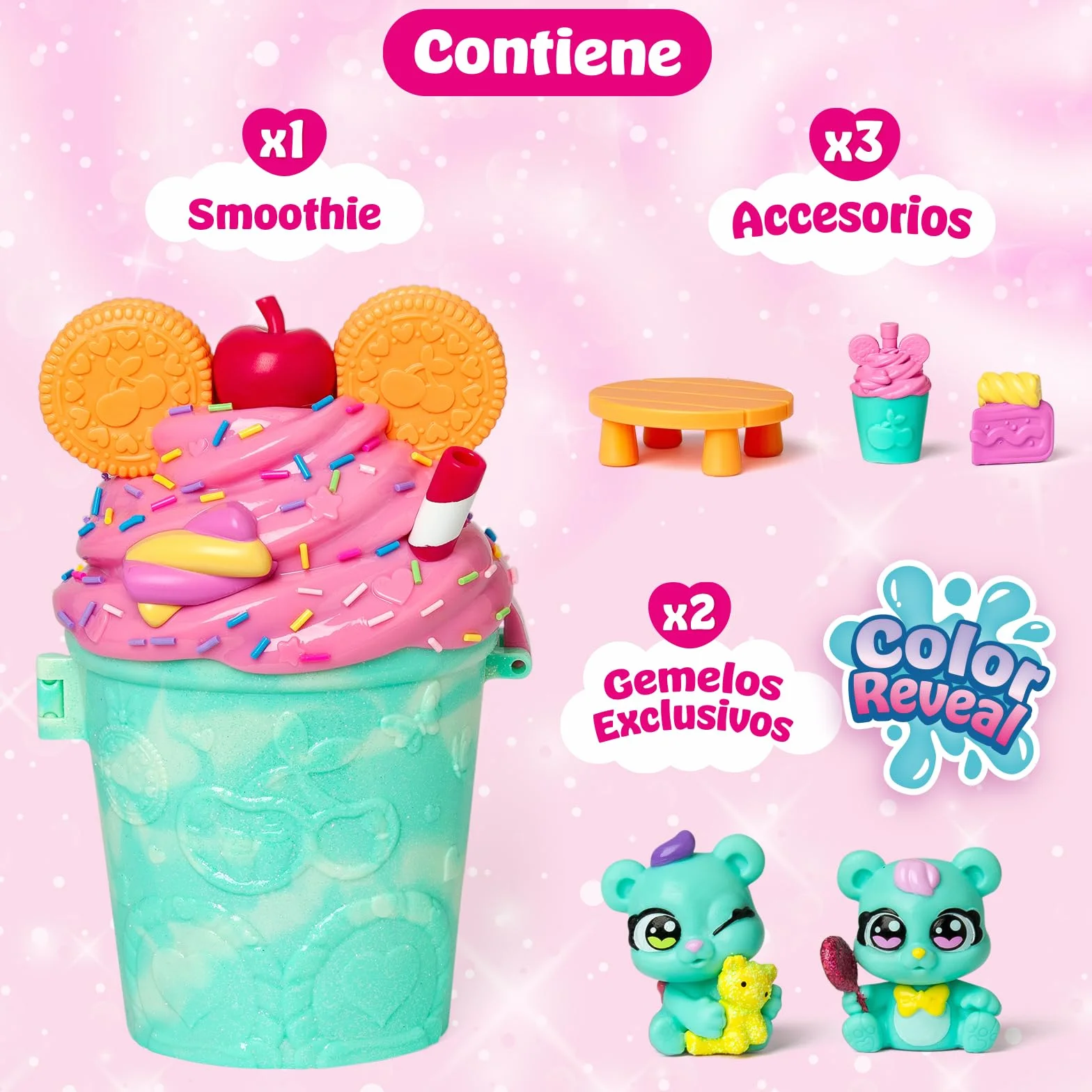 Smoothie Fun Park Bear Twins. Casita con Parque de Atracciones en Forma de Smoothie: Incluye 1 Smoothie, 2 Figuras exclusivas “Color Reveal” y 3 Accesorios