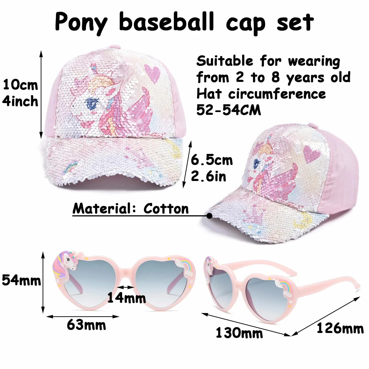 Gorra y Gafas de Sol para Niña, Gorra de Béisbol Rosa Ajustable Unicornio con Protección UV, 3-8 Años