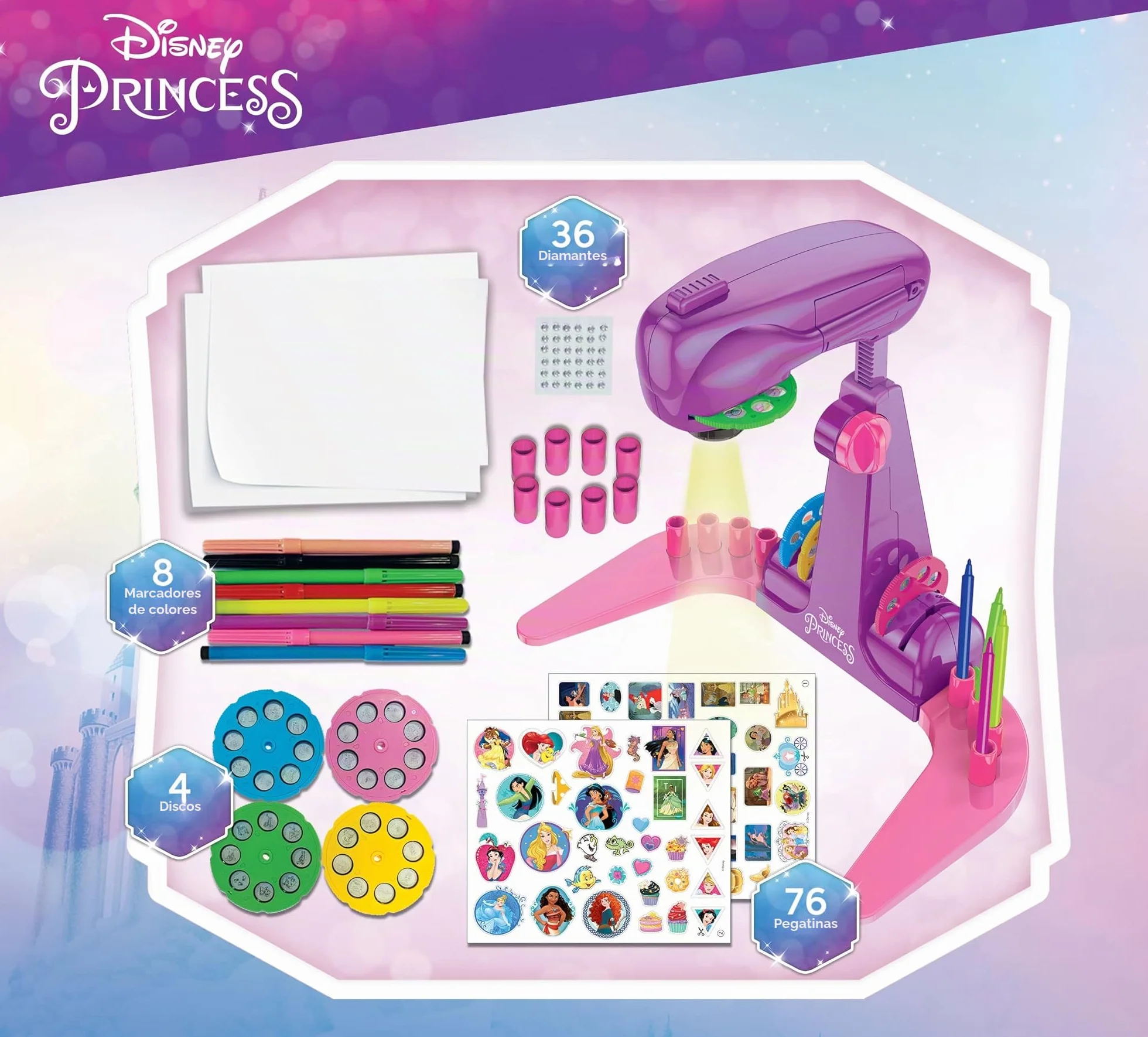 Lisciani Giochi - Escuela de dibujo con proyector de PRINCESAS DISNEY - Para niños a partir de 3 años - Aprende a dibujar con modelos proyectados - Incluye modelos, papel y lápices - Juego creativo