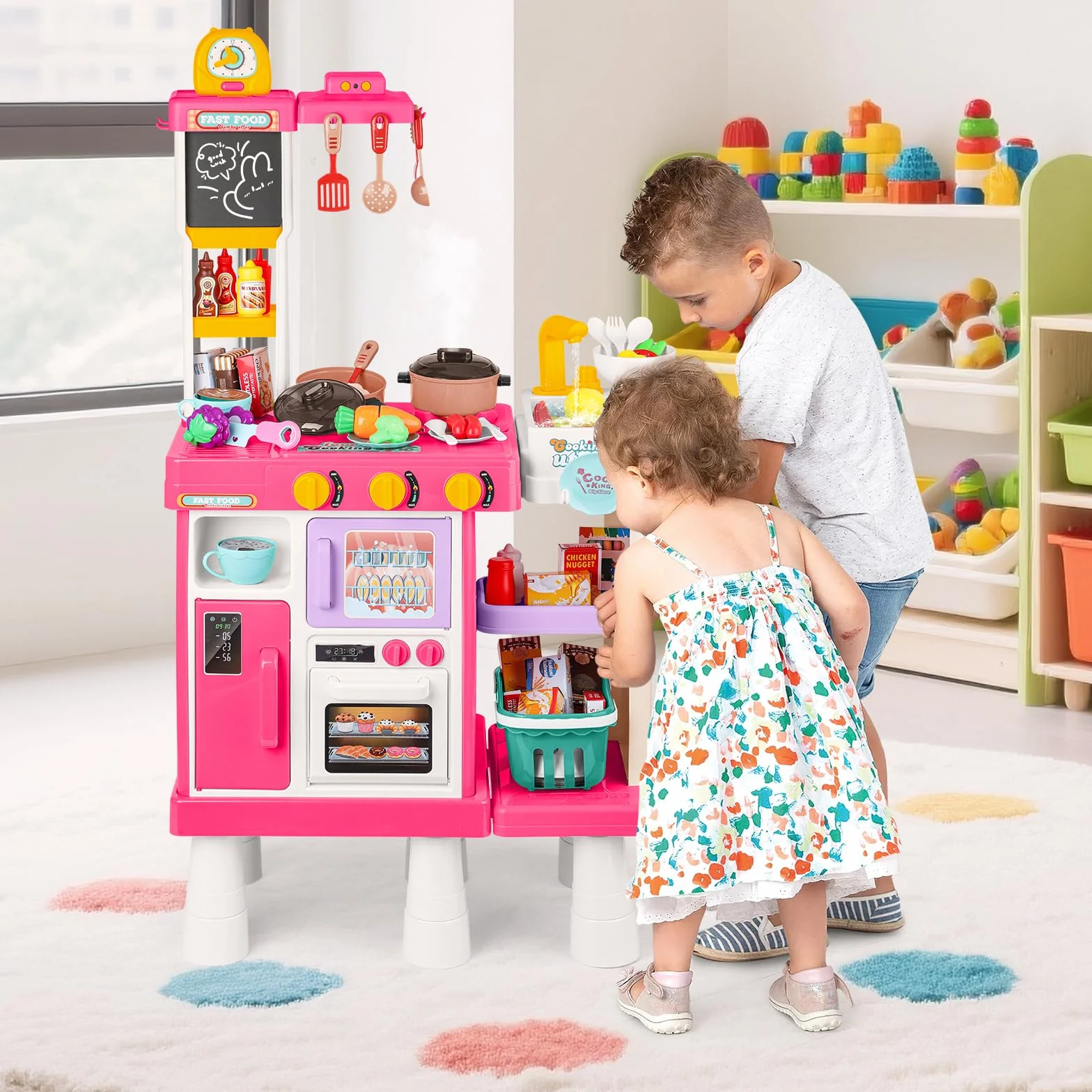 deAO Cocina de Juguete Infantil 54PCS con Utensilios, Estufa, Fregadero, Sonido y Luz, Tres Alturas Ajustables Rosa