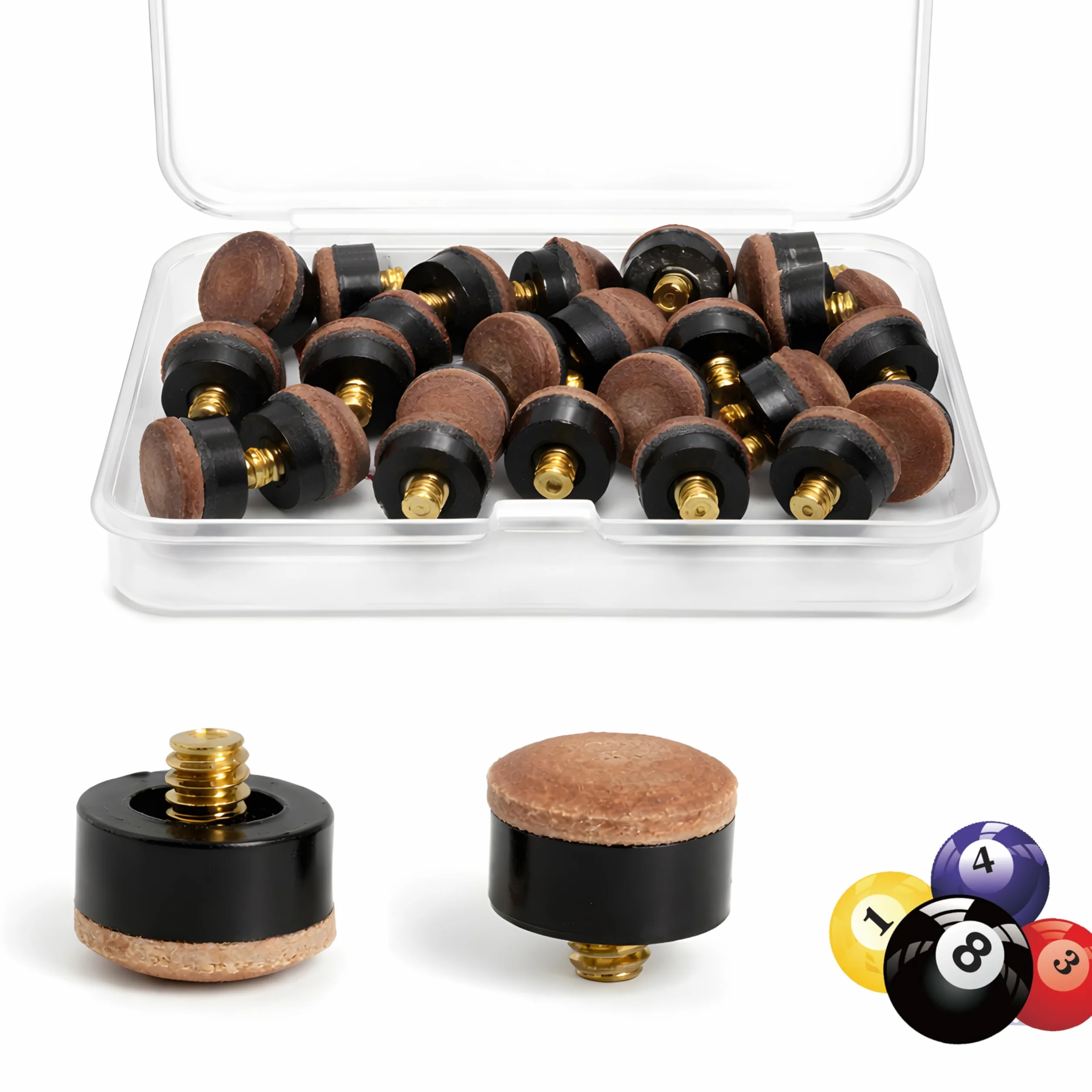 Tacos de Billar Atornillables 12mm+13mm Rosca M8 Set de 20 - Puntas de Cuero y Plástico Resistentes al Desgaste