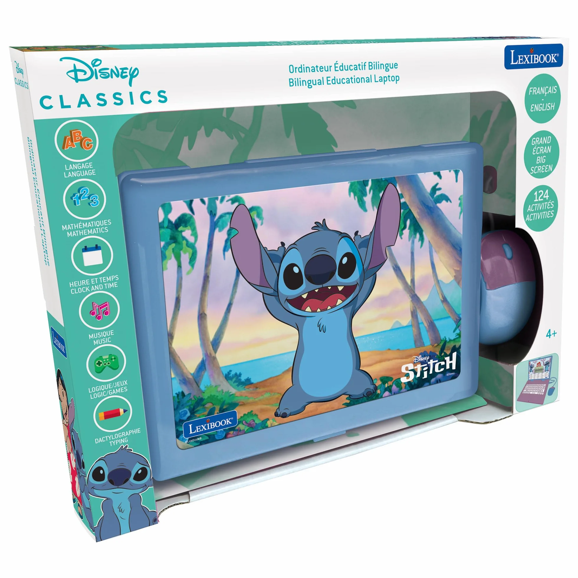 Lexibook, Disney Stitch, Ordenador Educativo bilingüe en inglés/español, 124 Actividades de lenguaje, Escritura, matemáticas, lógica, música y Juegos, para niños y niñas, JC598Di2