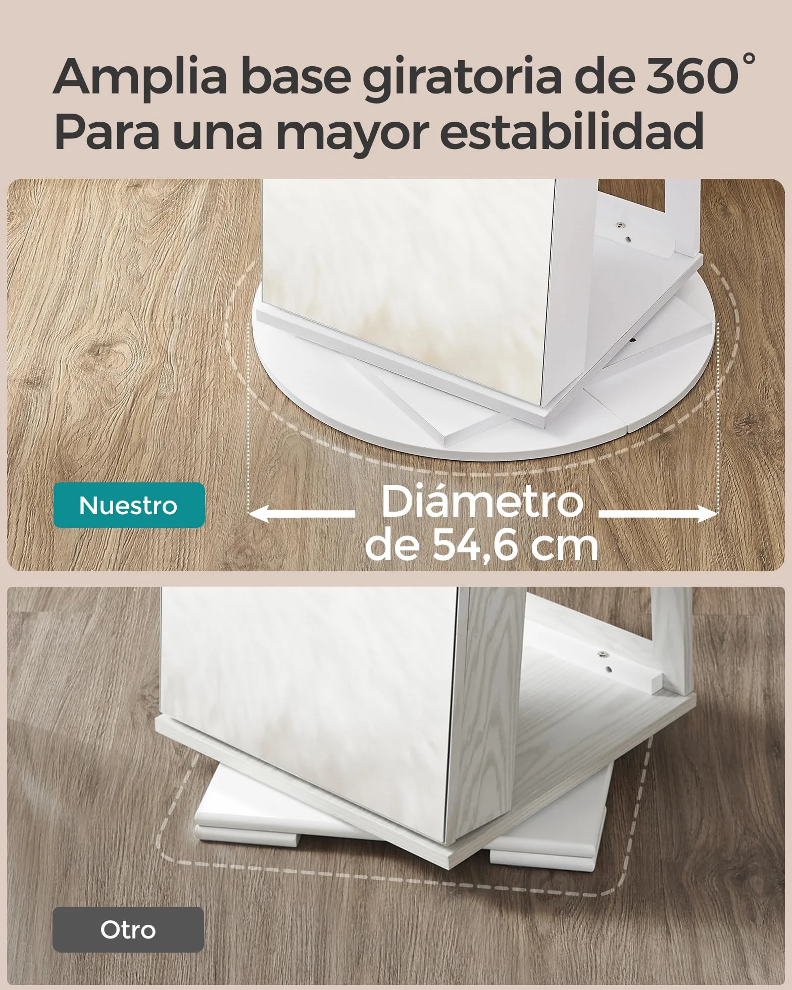 SONGMICS Espejo Joyero con 6 LEDs, Armario de Joyas de Giro de 360°, Organizador de Joyas Giratorio, sin Marco, Espejo Completo con Almacenaje, Superficie Blanco y Forro Negro JJC007W01