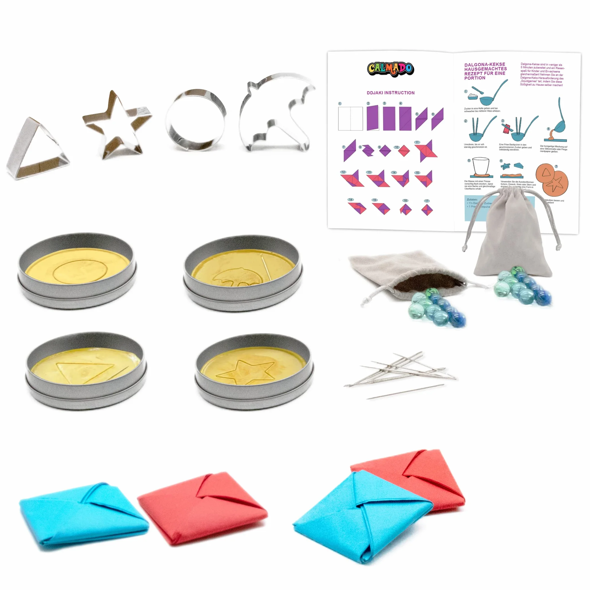 Calmado - El Juego con Canicas, Ddakji Rojo/Azul, Tarjetas de Invitación, Juego de Dalgona con Cortador de Galletas, Recipiente y Aguja, Instrucciones incluidas / Receta para Dalgona y Juegos de Galle