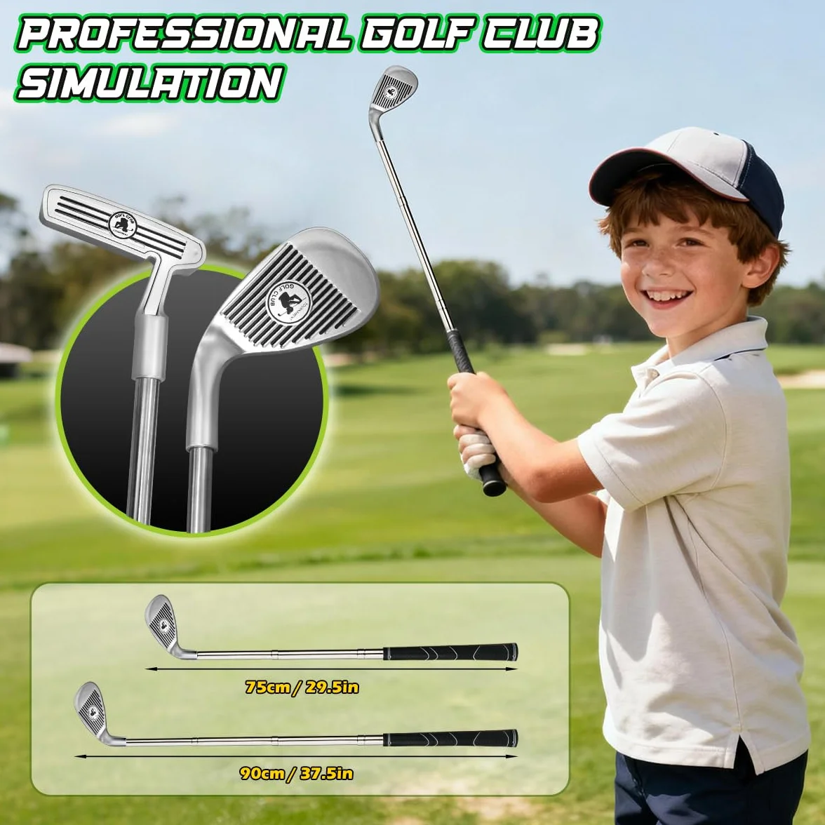 TERRAMUS - Tapete de Golf Mejorado para niños, Green de 2,3 m con Hoyos iluminados con LED, Bolas Brillantes, 2 Palos, Juego de Golf de Juguete, tapete de Golf para Interior y Exterior