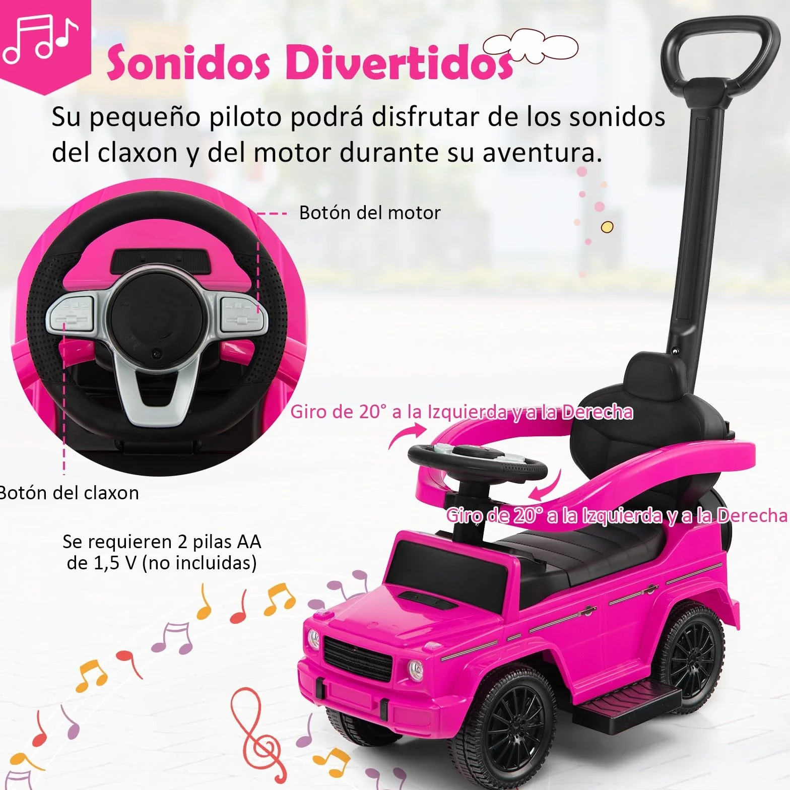 COSTWAY 3 en 1 Coche Correpasillos para Niños, Coche de Paseo Infantil Mercedes Benz con Toldo Ajustable, Manija para Padres, Barandilla para Apoyabrazos, Sonido del Motor y Bocina (Rosa)
