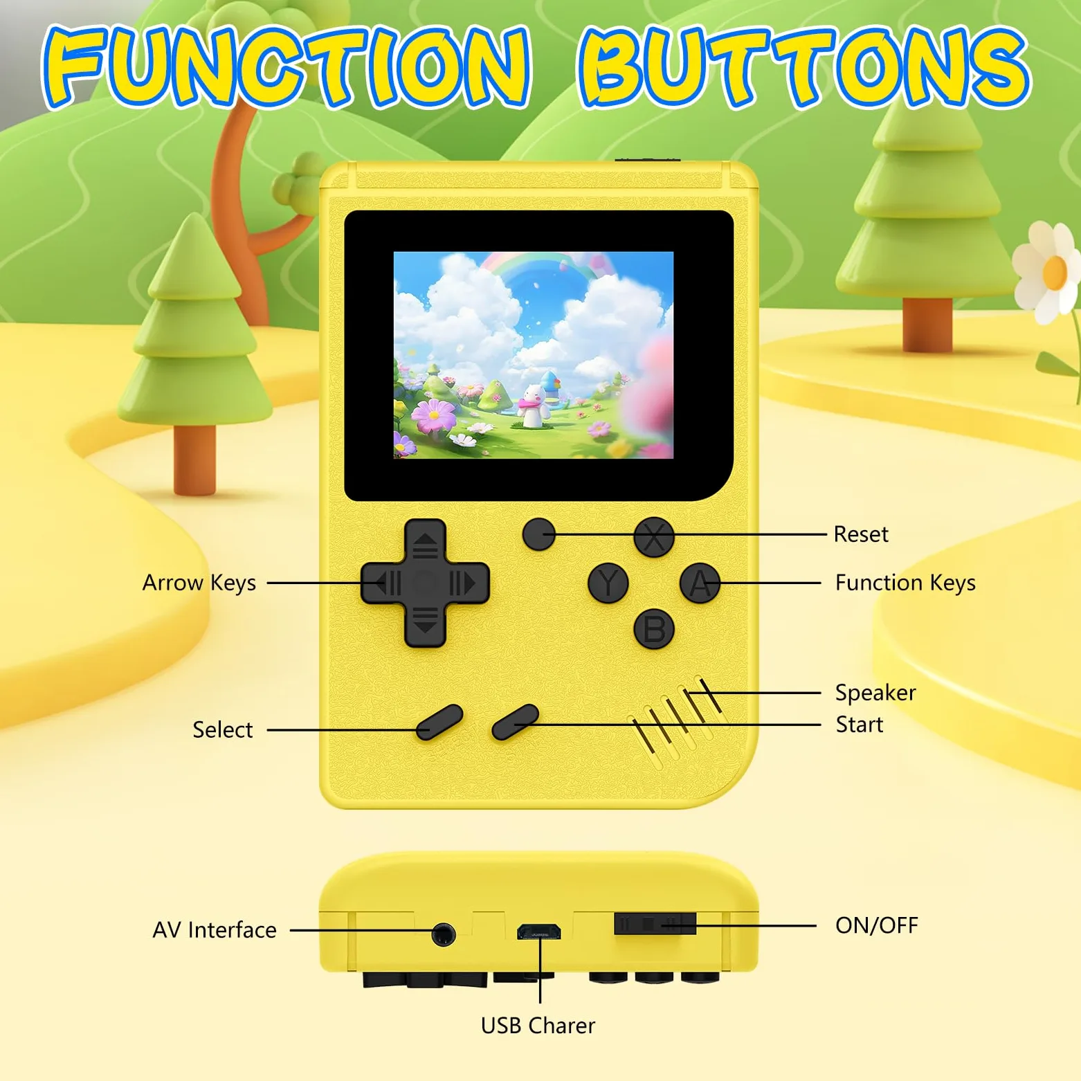 Consola de juegos retro, consola de juegos retro clásica incorporada, pantalla IPS de 3.0 pulgadas, batería recargable de 1020 mAh, consola de videojuegos portátil de arcade (amarillo)