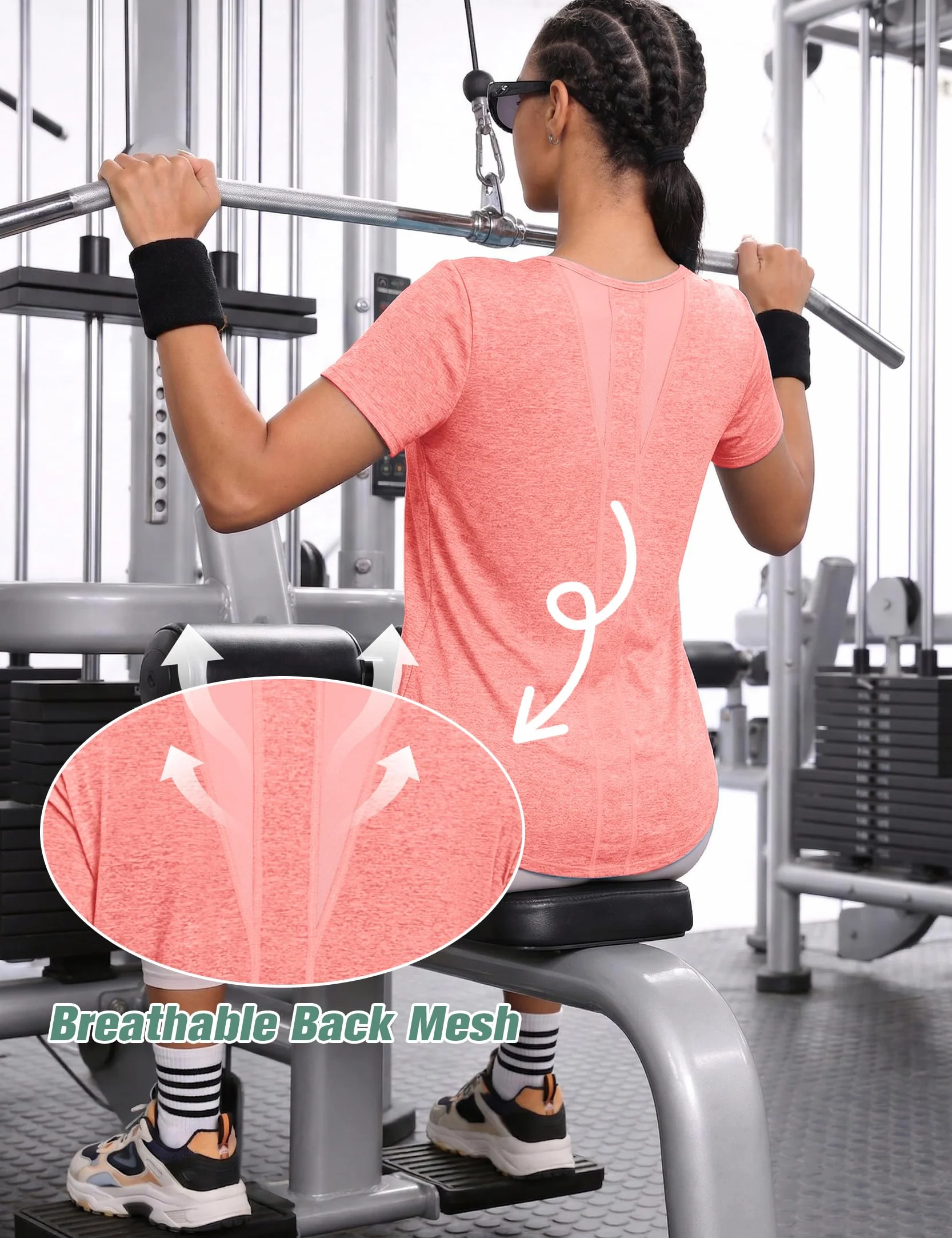 Camiseta Deportiva Mujer Manga Corta Cuello Redondo Secado Rápido Top Malla Transpirable Yoga