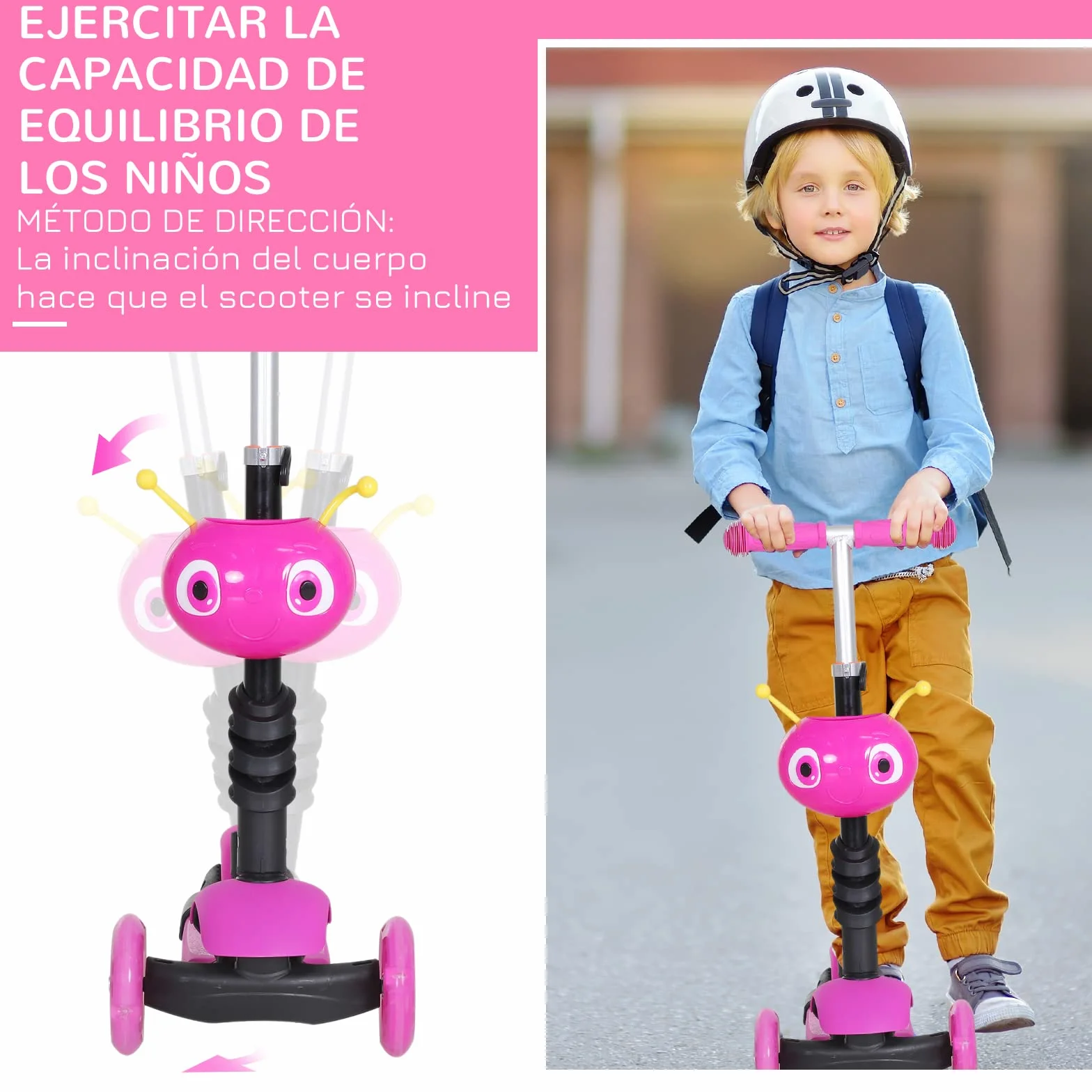 HOMCOM 3 en 1 Patinete para Niños de +18 Meses Scooter de 3 Ruedas con Asiento Extraíble Manillar Mango de Empuje Altura Ajustable 62x25x72,5 cm Rosa