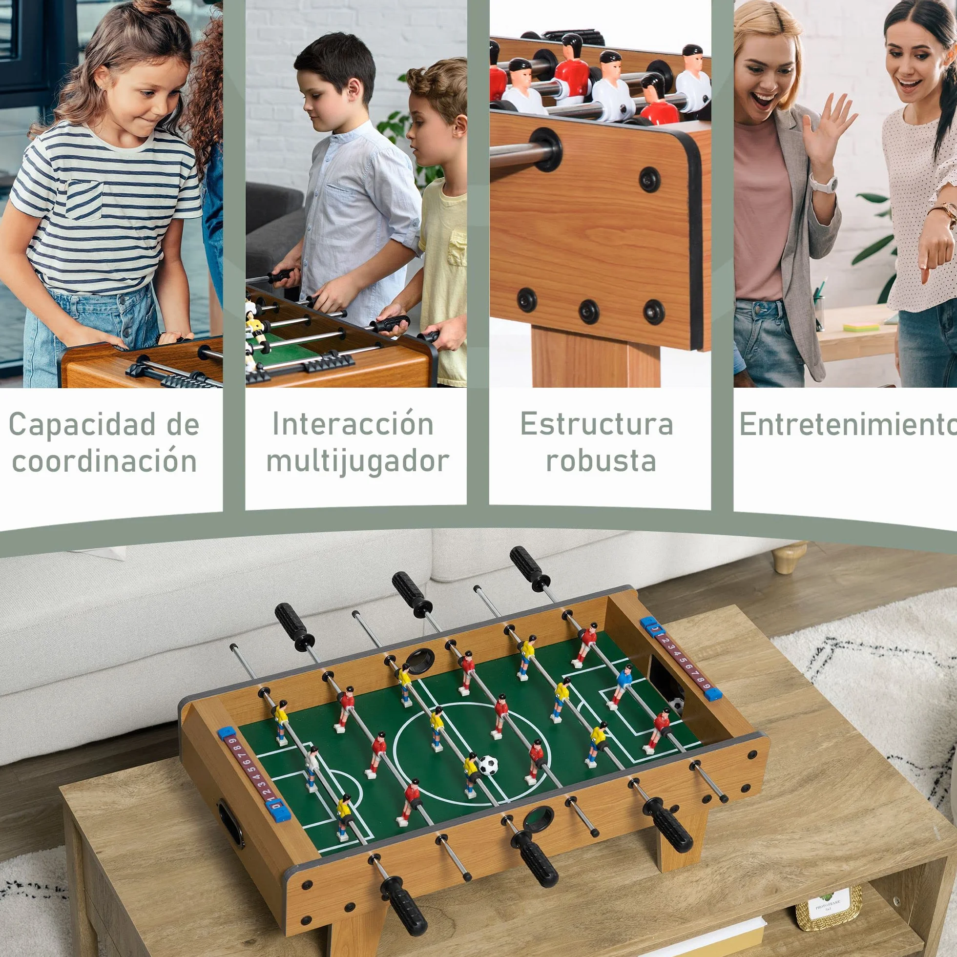 HOMCOM Futbolín de Mesa, Cuerpo Madera Resistente, Juego Mesa de Fútbol con 18 Jugadores, 2 Bolas, 6 Asas y 2 Marcadores de Puntos para 2-4 Personas, 70x37x22 cm, para Niños de 6+ Años y Adultos