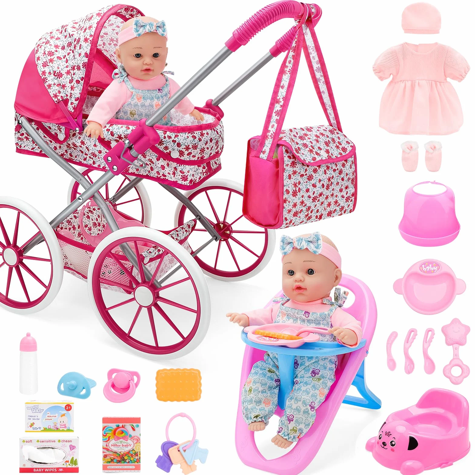 deAO Carrito Bebe Juguetes 31cm Muñecos Bolso Accesorios Ropa Muñecas