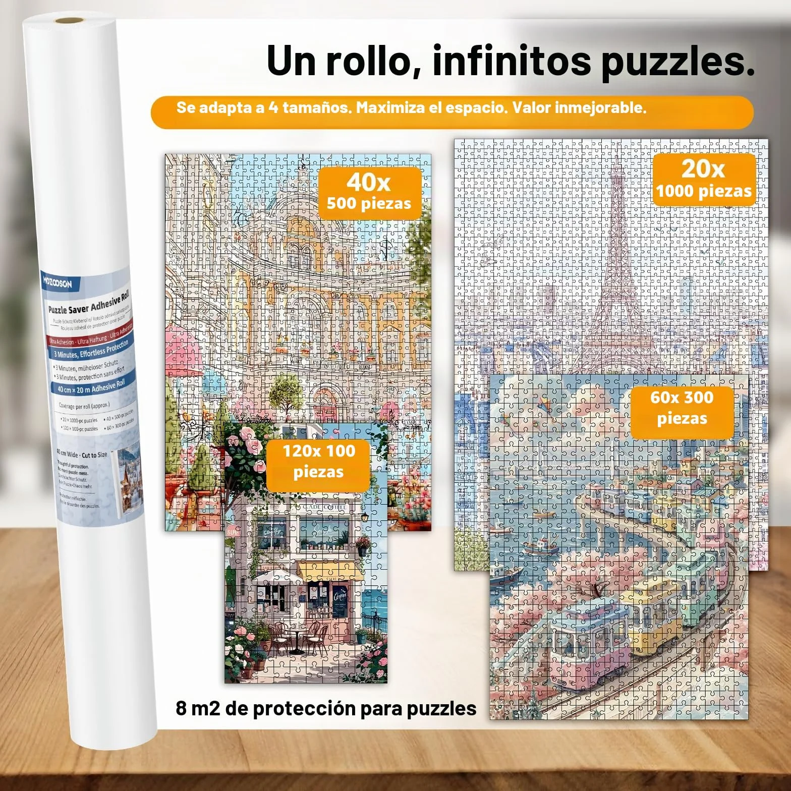 Pegamento para Puzzles en Rollo - 40cm x 20m Lámina Adhesiva de Aluminio para Conservar Puzzles Hasta 20 x 1000 piezas, Soporte Reforzado Anti-Humedad y Sin Deformación, Incluye Espátula de Aplicación