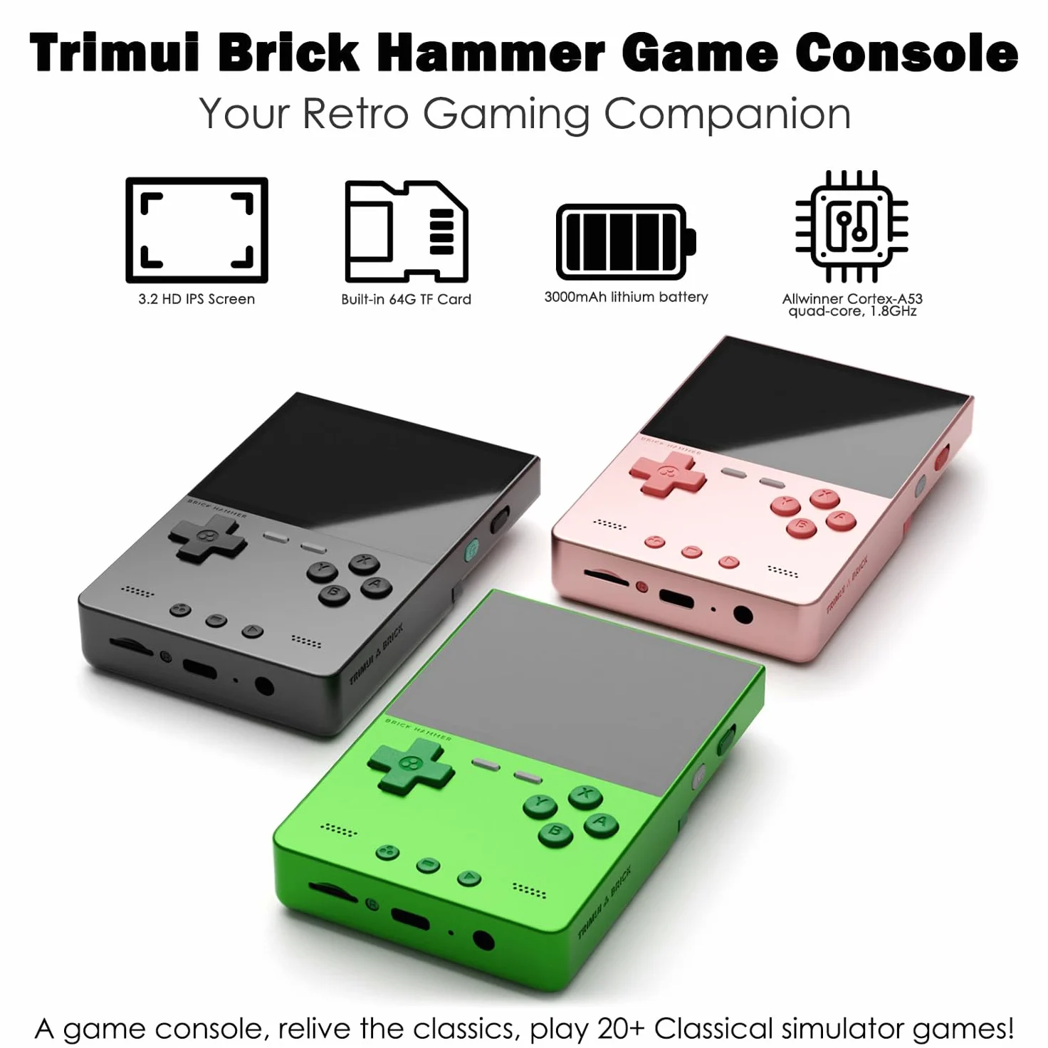 Trimui Brick Hammer Consola de juegos portátil con visualización IPS de 3.2 pulgadas y batería de 3000 mAh, consola de videojuegos retro con tarjeta TF de 64 GB preinstalada y función WiFi (gris