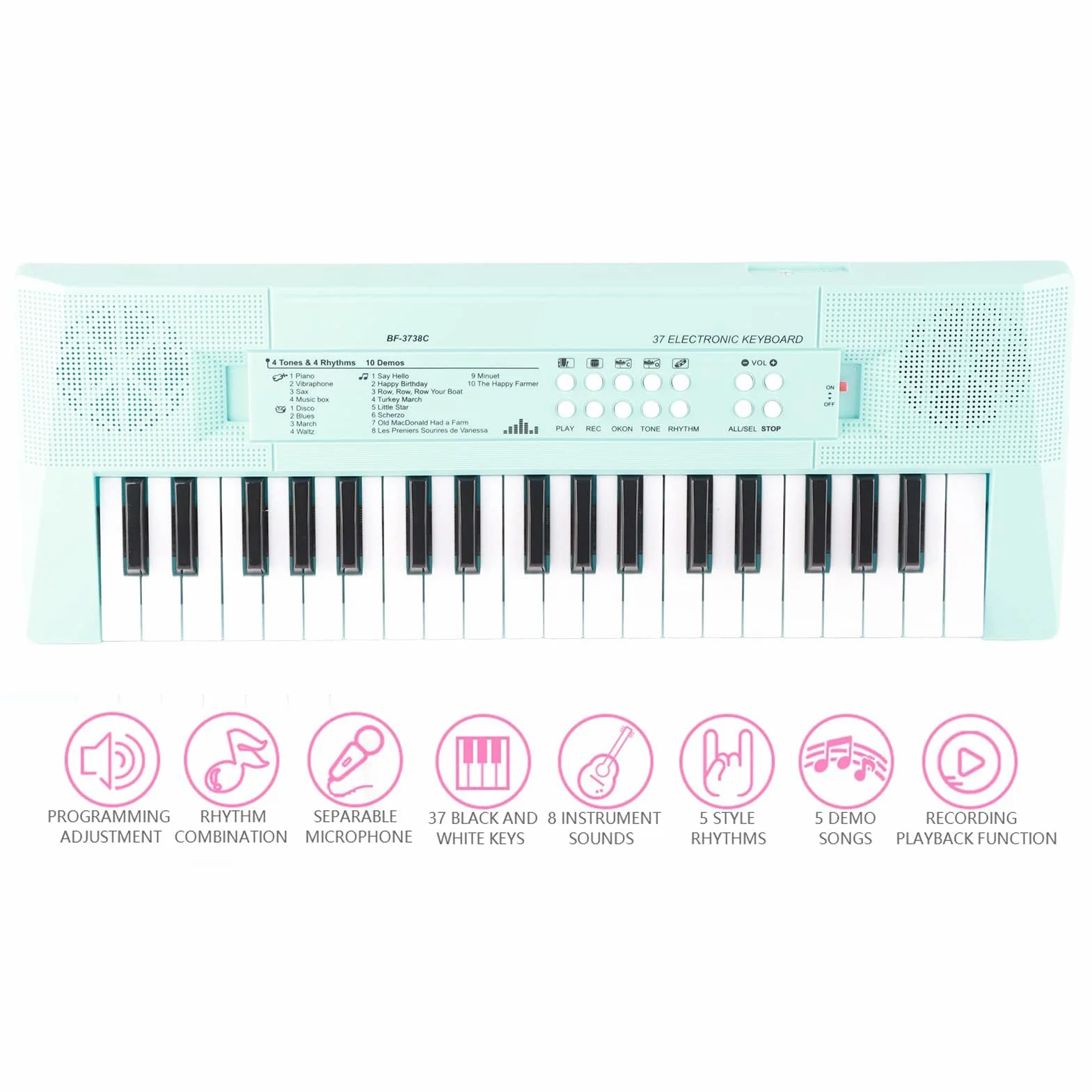 BF-3738C piano eléctrico con teclado de 37 teclas con micrófono y teclado musical y regalo de juguete para principiantes, niños y estudiantes(Azul)