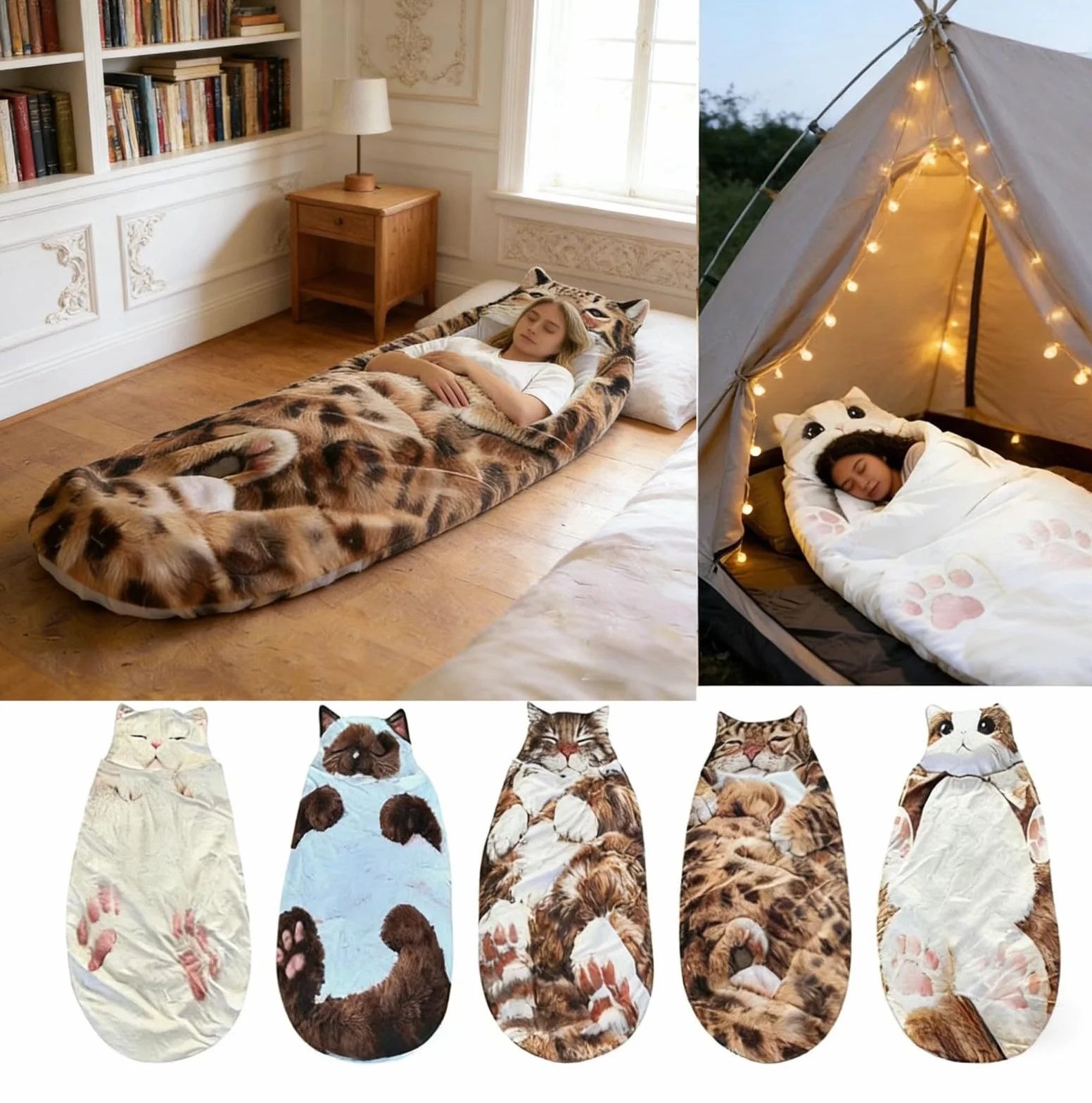 Saco de dormir de gato para humanos, saco de dormir de animales adultos esponjosos, diseño de sobre de felpa gigante para acampar y fiestas de pijamas, manta de forro polar suave y cálido, lavable a