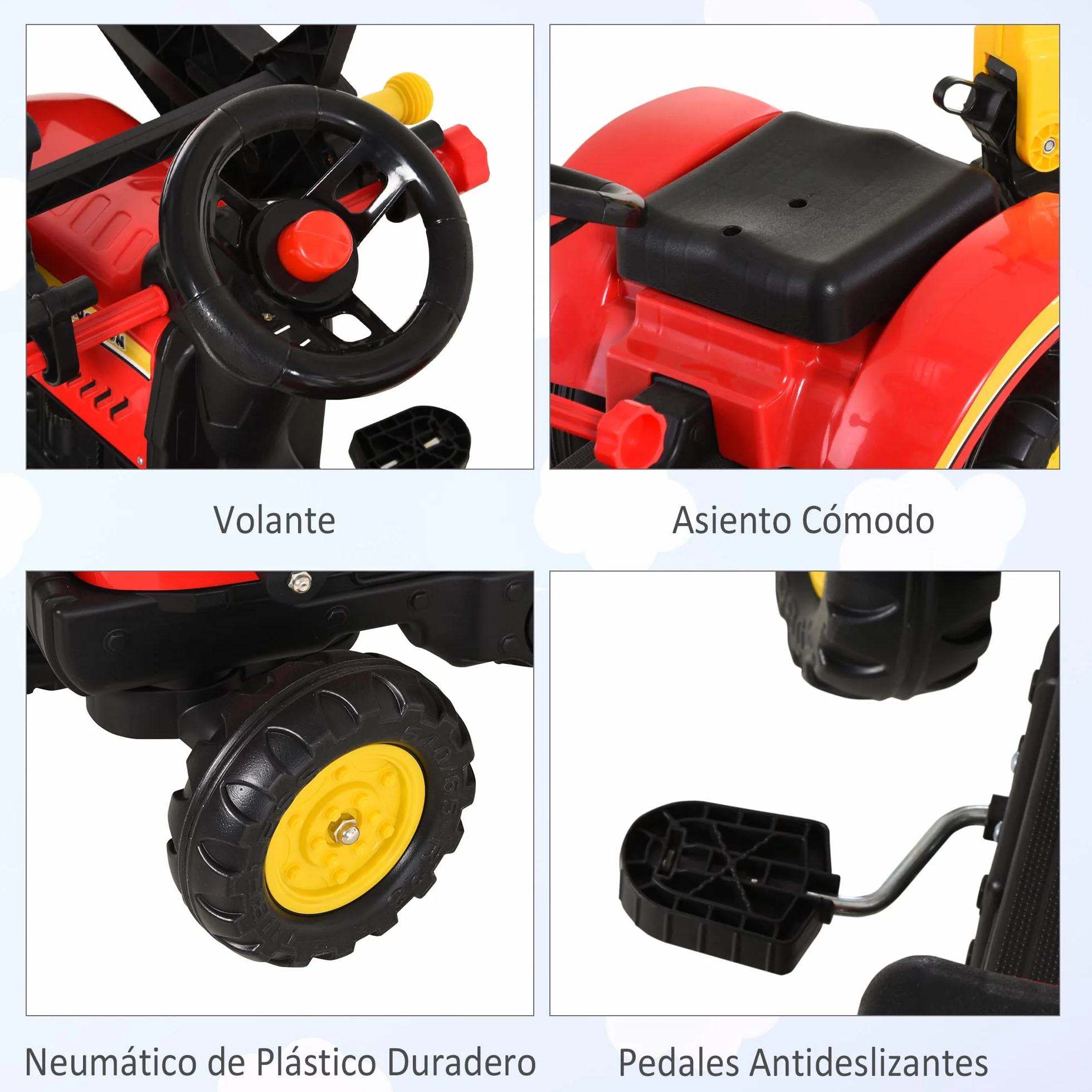HOMCOM Tractor a Pedales con Remolque Excavador con Pala Frontal Juguete de Conducción para Mayores de 3 Años Dirección y Palas Fáciles de Controlar Soporta hasta 35 kg 179x42x59 cm Rojo