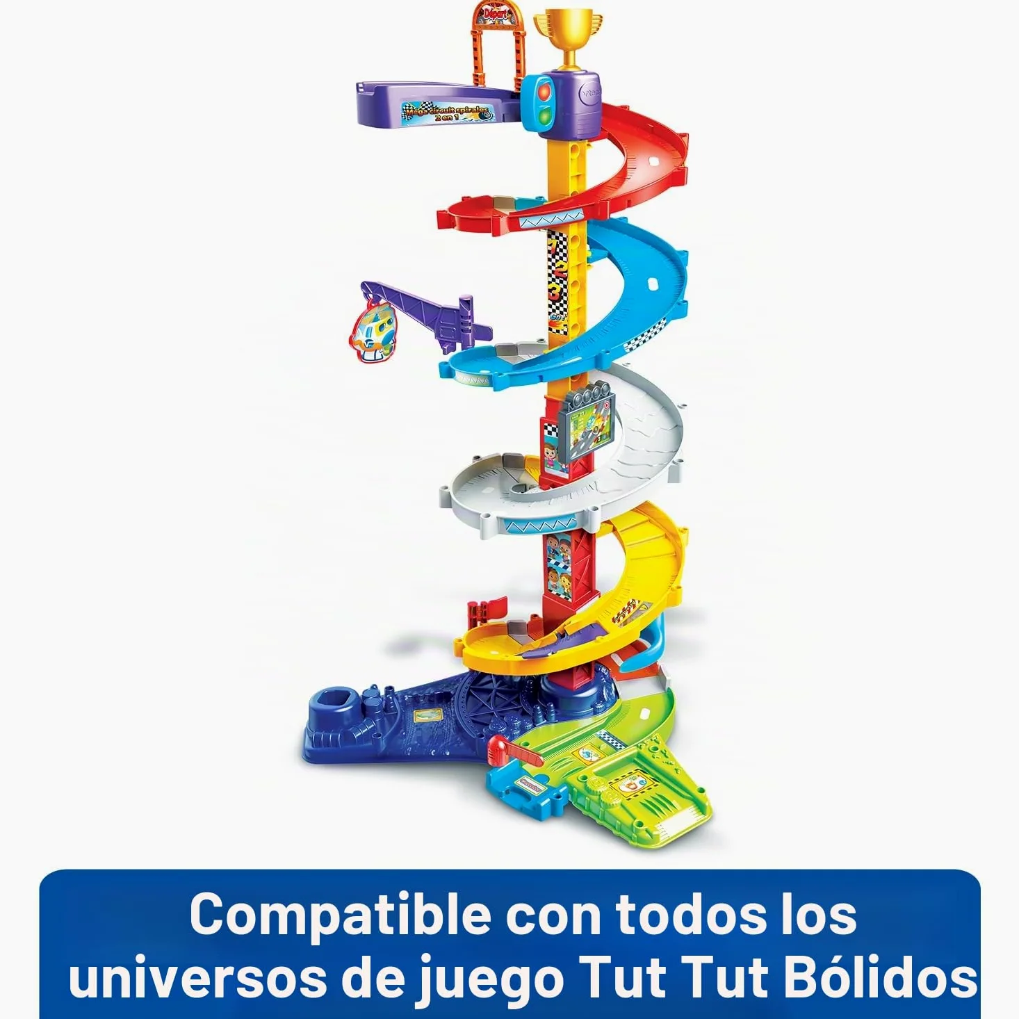 VTech Tut Tut Bolides, Mega Circuito Espirales 2 en 1 con Coche Titouan Loco del Volante, Circuito de Coches Infantiles, 5 Zonas Mágicas, Regalo para Niños y Niñas de 1 año a 5 años - Contenido en
