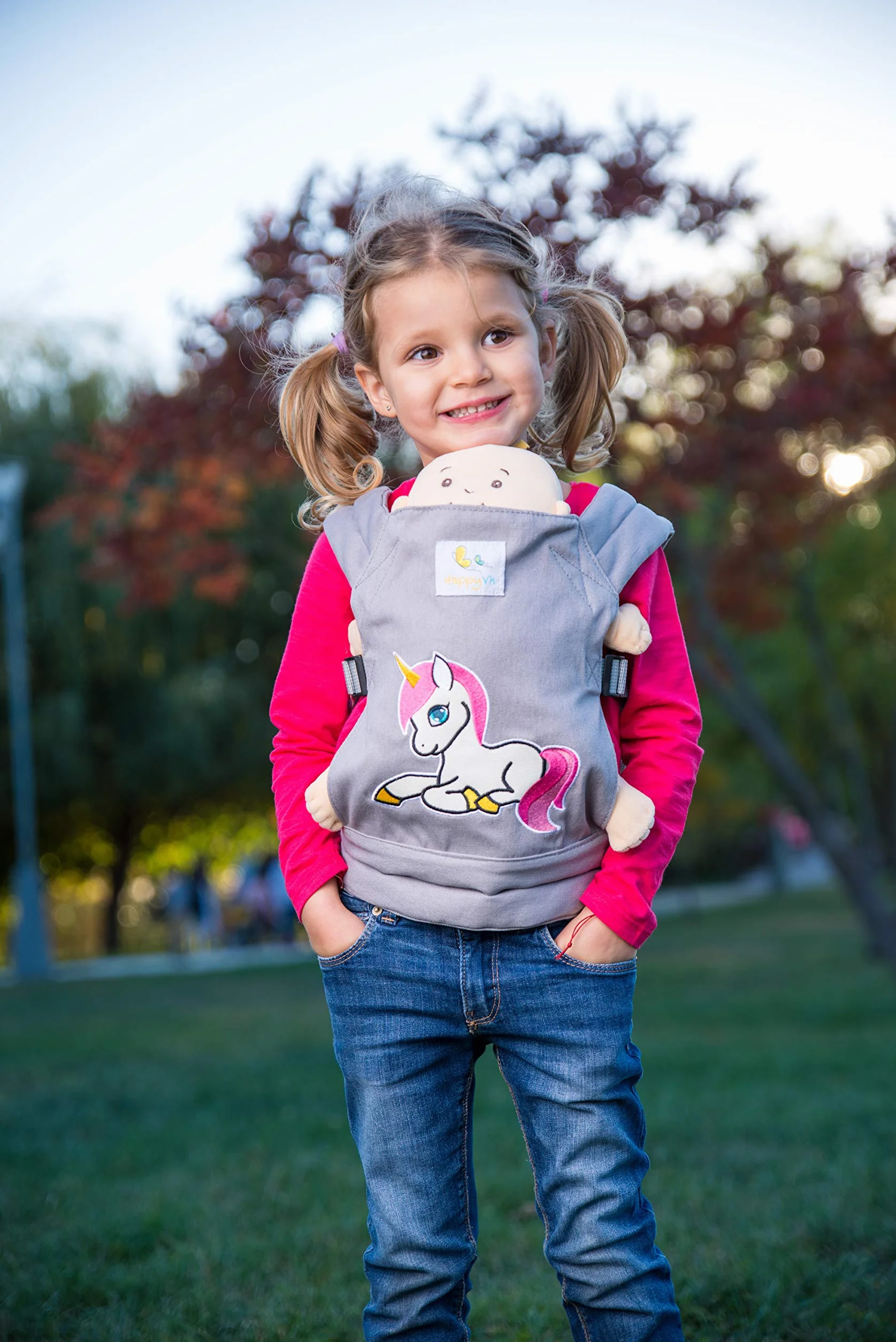 Mochila Portamuñecas para Niños Pequeños, Porta Muñecas Transporte Delantera y Trasera, Gris con Bordado de Unicornio
