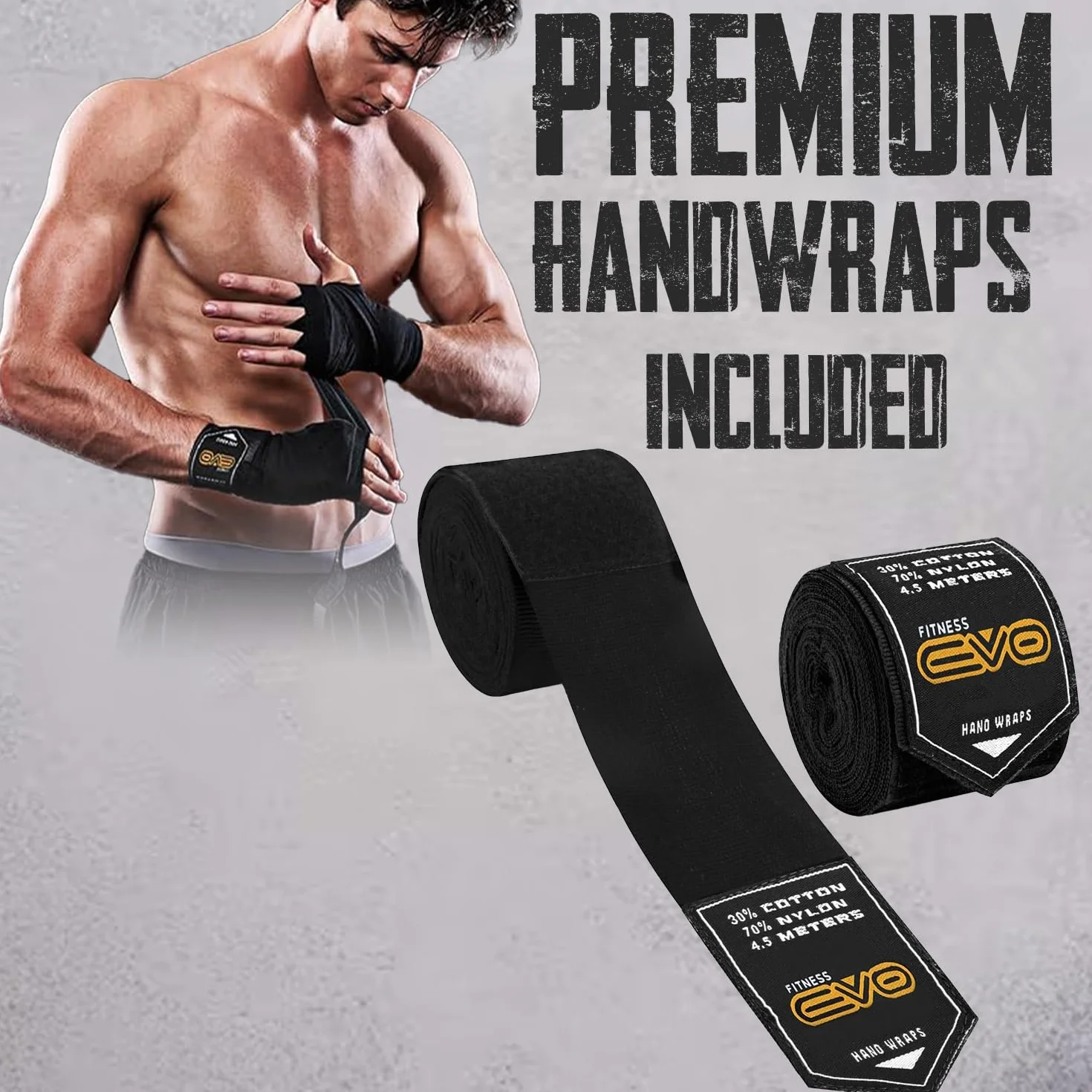 EVO Fitness Profesional Guantes de Boxeo con Vendas de Cuero para Hombre Mujer Muay Thai Kick Boxing