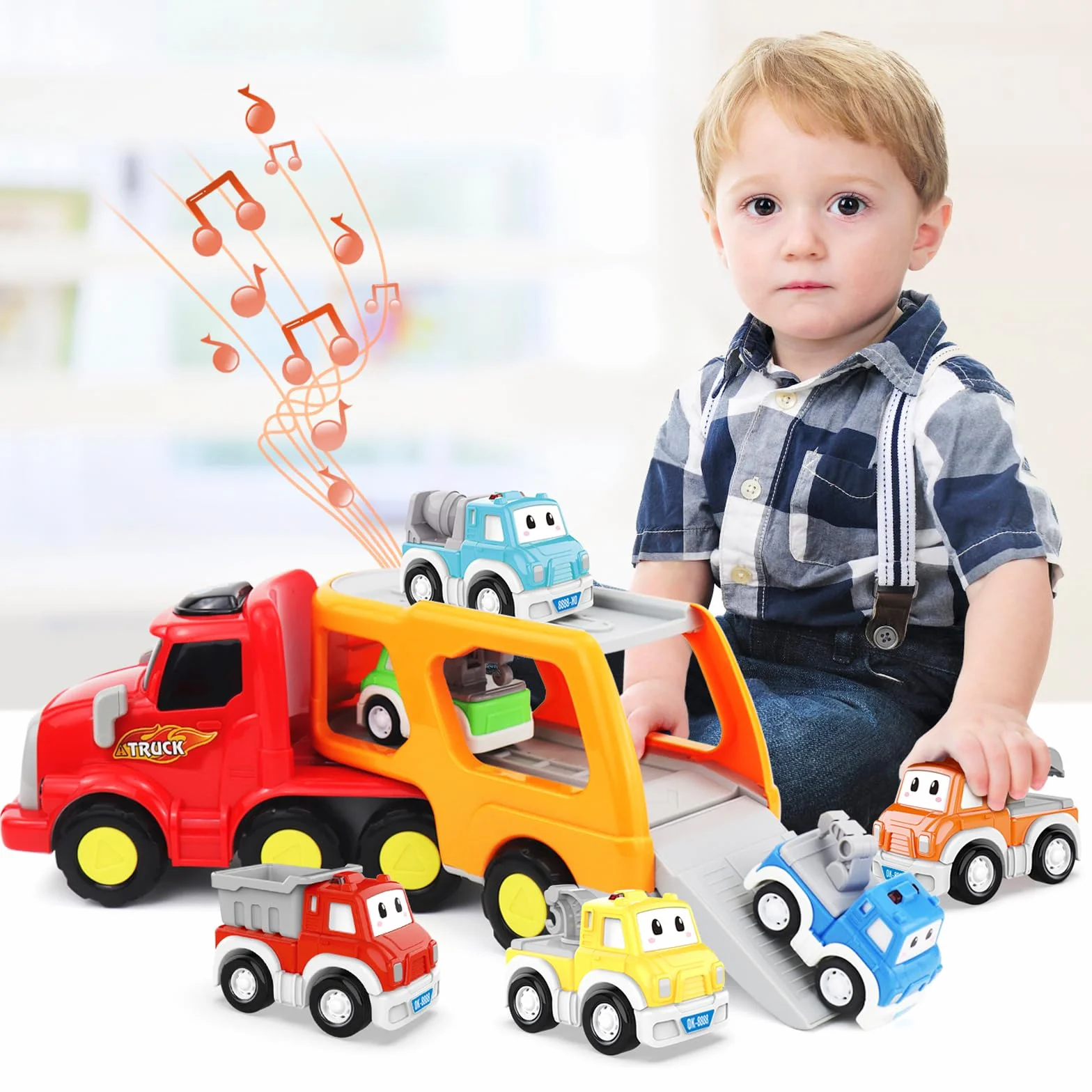 Camión de Juguetes - 7 en 1 Transportador Coches con Luces y Sonidos - Regalo para Niños 1-4 Años
