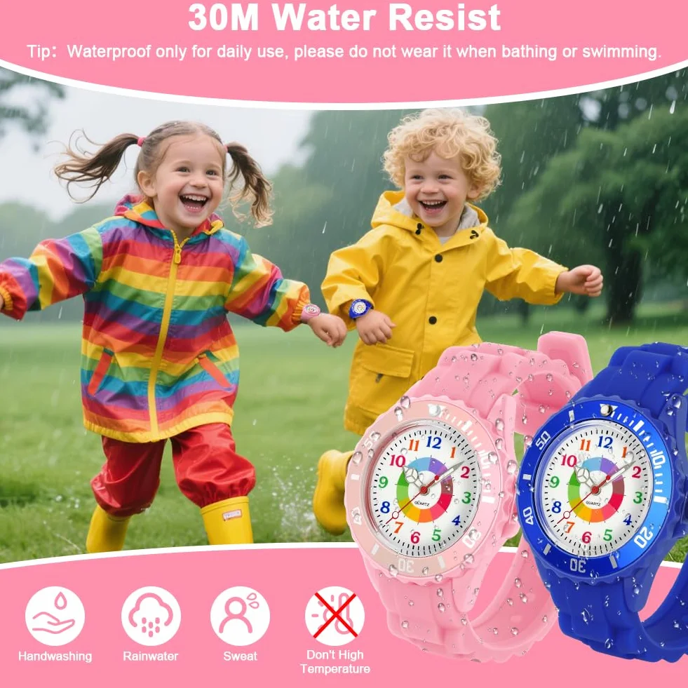 Reloj de Aprendizaje para Niños Impermeable, Analógico con Correa Suave y Esfera Colorida