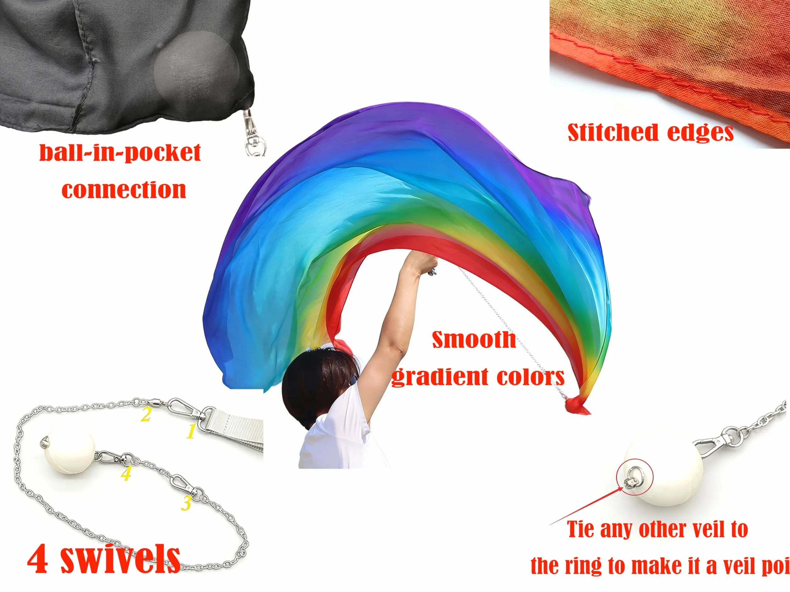 Winged Sirenny Velo de Seda POI 230cm Danza del Vientre Colores Vibrantes Blanco