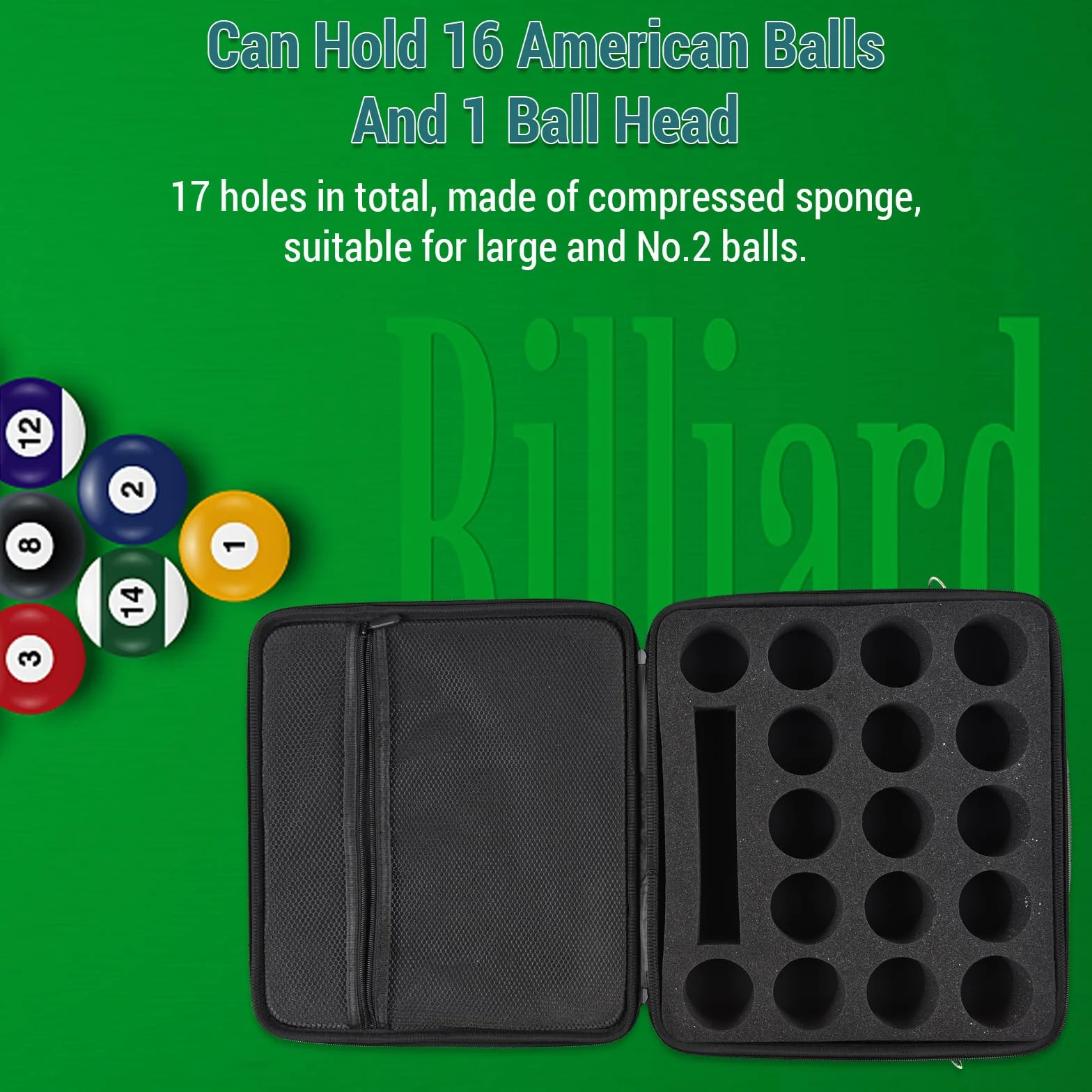 FILFEEL Bolsa para Bolas de Piscina, Estuche de Almacenamiento de Espuma de Lona, Capacidad 17 Bolas, Accesorios de Billar